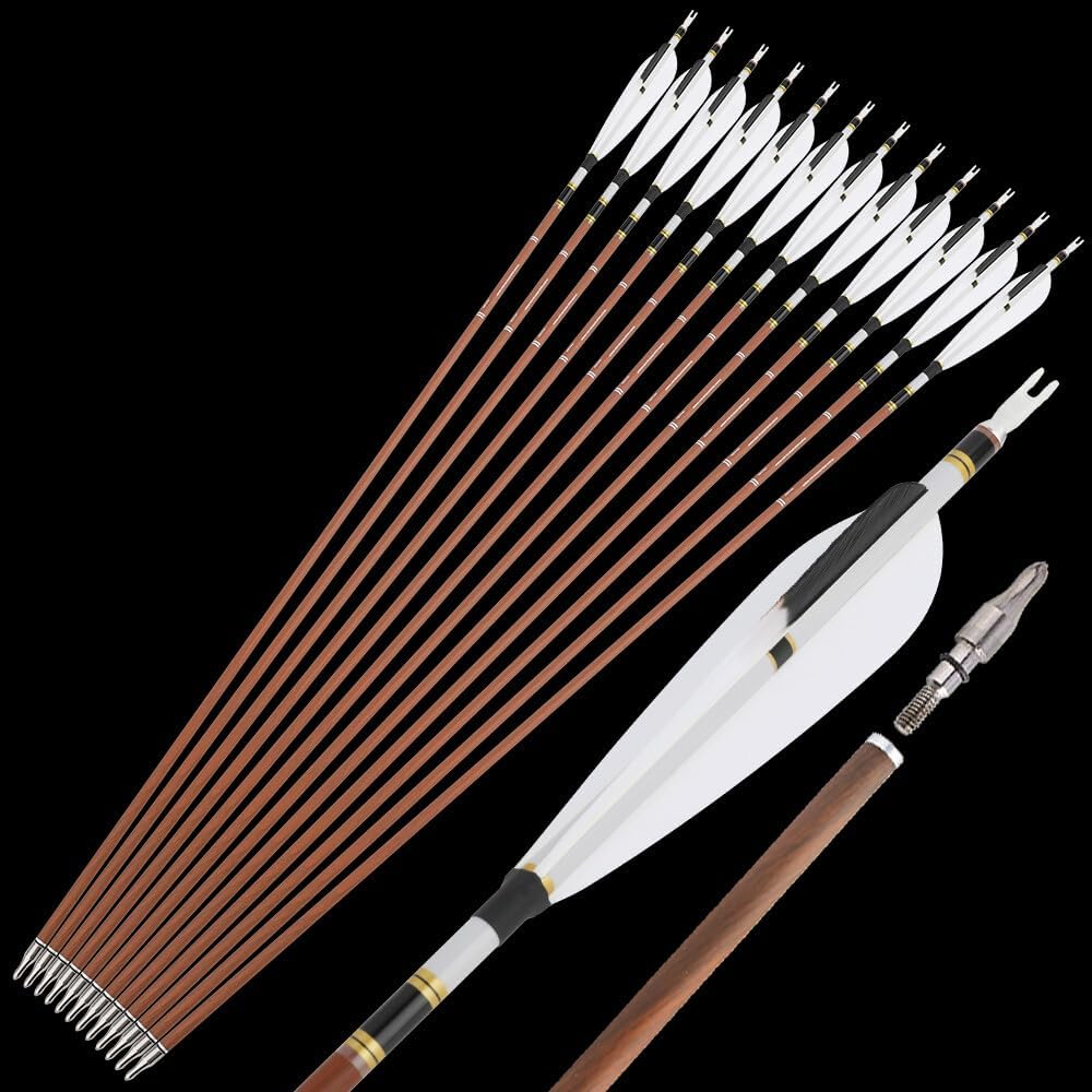 31" Wood Grain Pure Carbon Arrows 5" Natural Feather SP340/400/500/600 for Compound Recurve Traditional Bow Hunting & Target Practice
