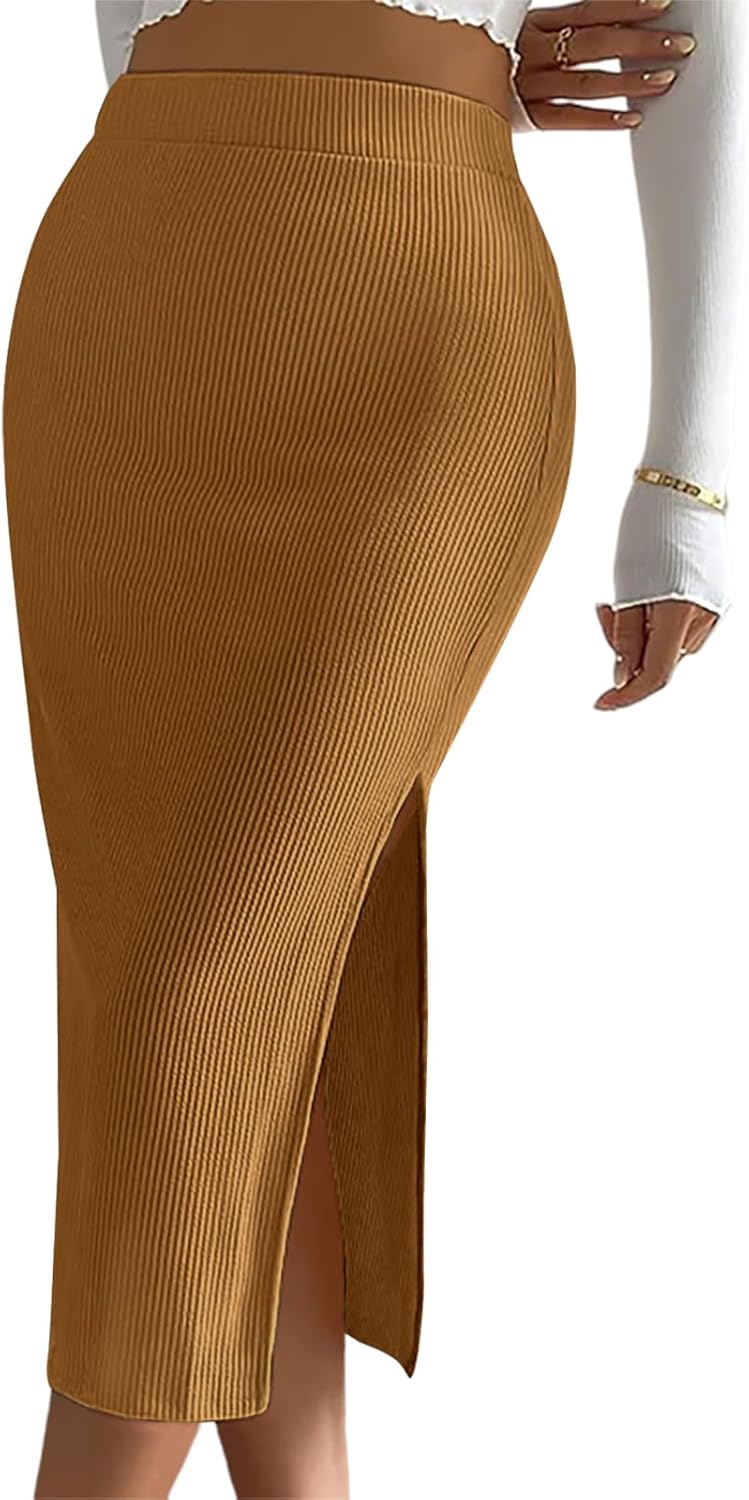 Ladybranch Women's Casual Midi Ribbed Knit Skirt with Side Slit Stretchy Work Business Casual Pencil Pull-On Skirts