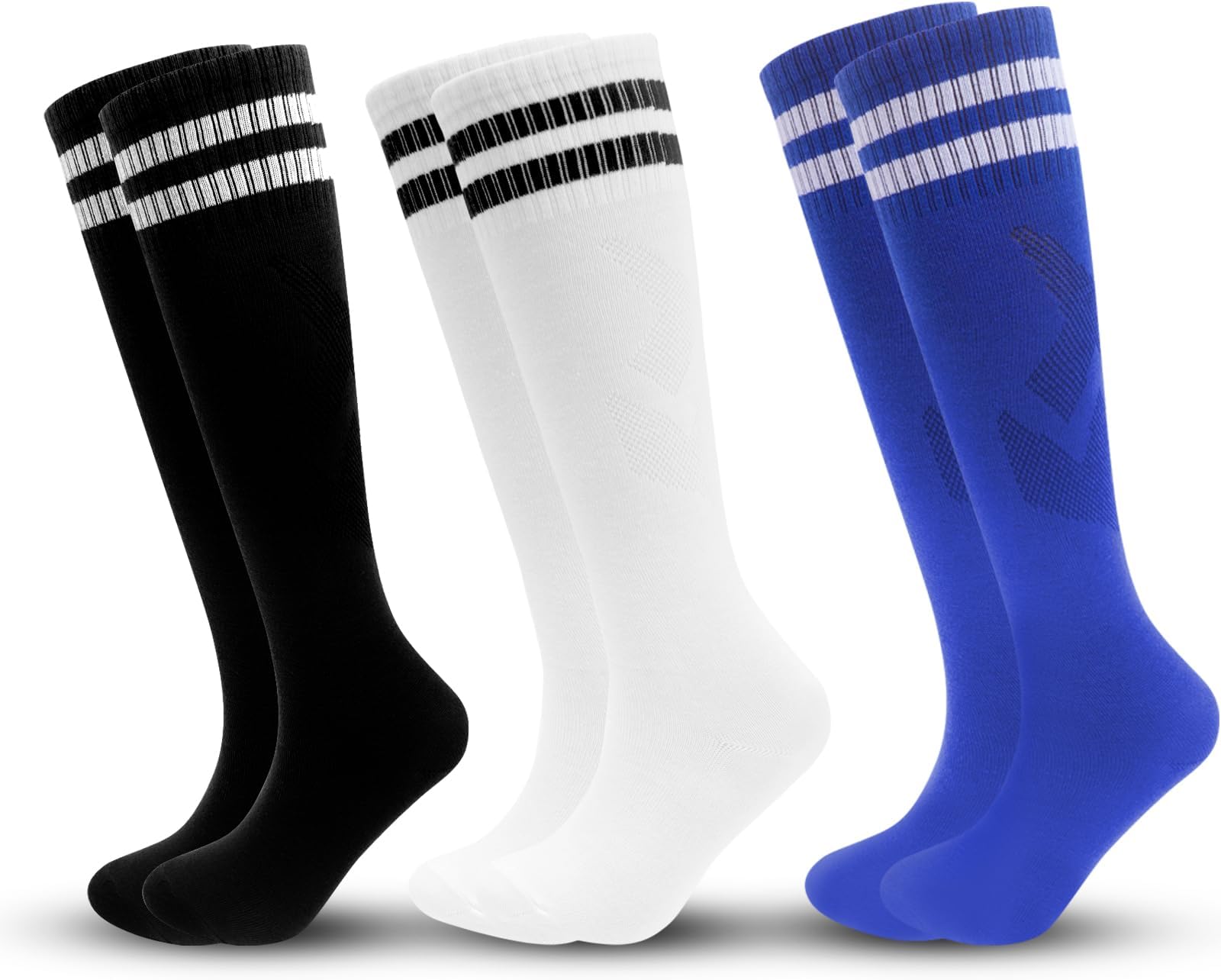 3 Pairs Kids Soccer Socks Striped Knee High Tube Socks Football Uniform Sports Socks for Boys Girls 6-12 Years Old