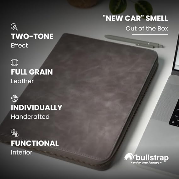 Bullstrap Premium Handcrafted Leather MacBook Sleeve | Extra Thin & Handmade Leather MacBook Case w/Internal Pockets for Documents & Card Slots | Extra Durable & Unique Two-Tone Patina | Slate