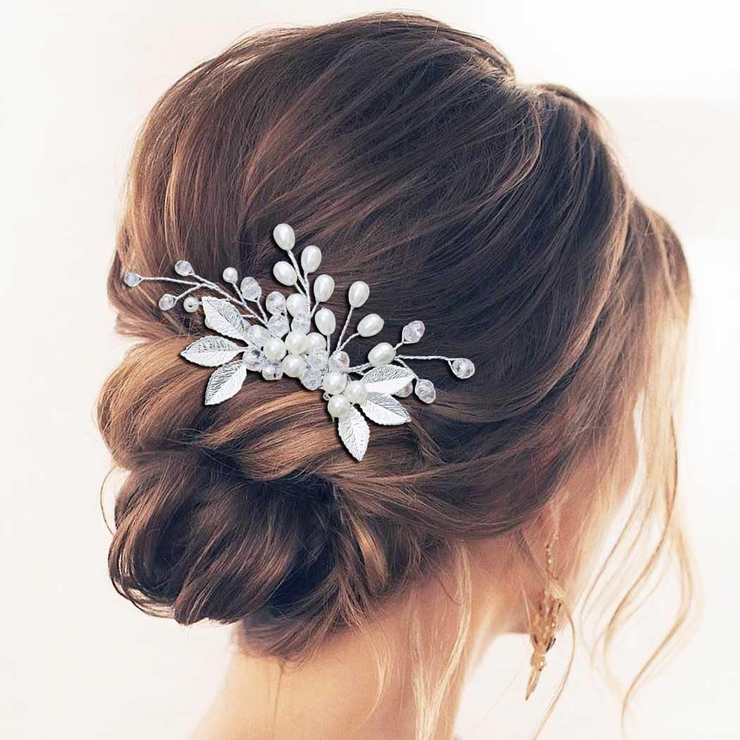 Ushiny Pearl Bride Wedding Hair Comb Silver Leaf Headpiece Rhinestone Hair Side Comb for Women and Girls - Image 3