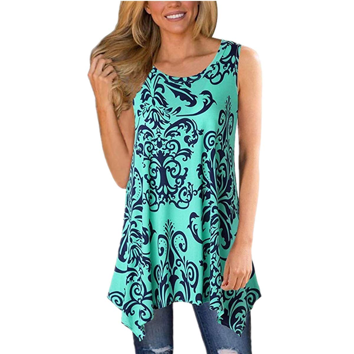 Women Tank Tops O-Neck Casual Sleeveless Printed Pattern Soft Tunic Blouse
