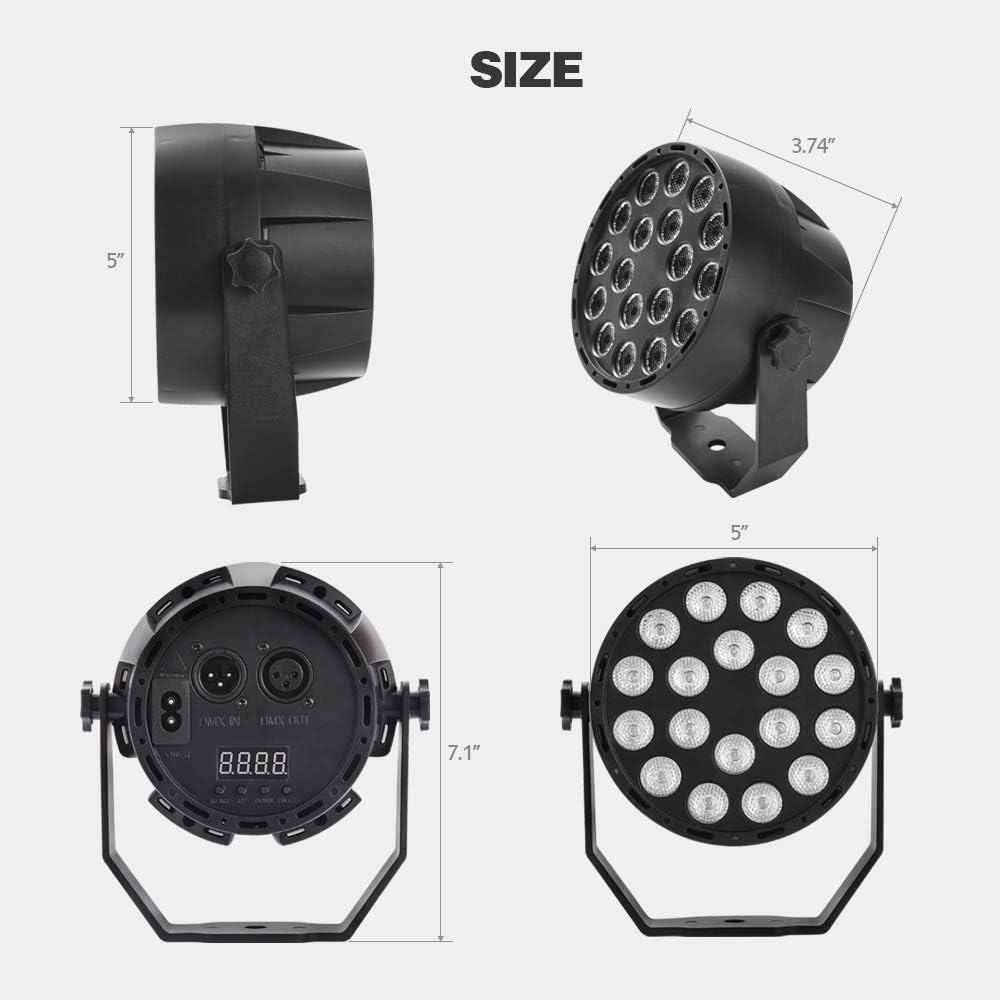 Diagram showing the dimensions of the MICTUNING 18 LED UV Black Light: 5 inches in height, 3.74 inches in depth, and 7.1 inches in width with the bracket.