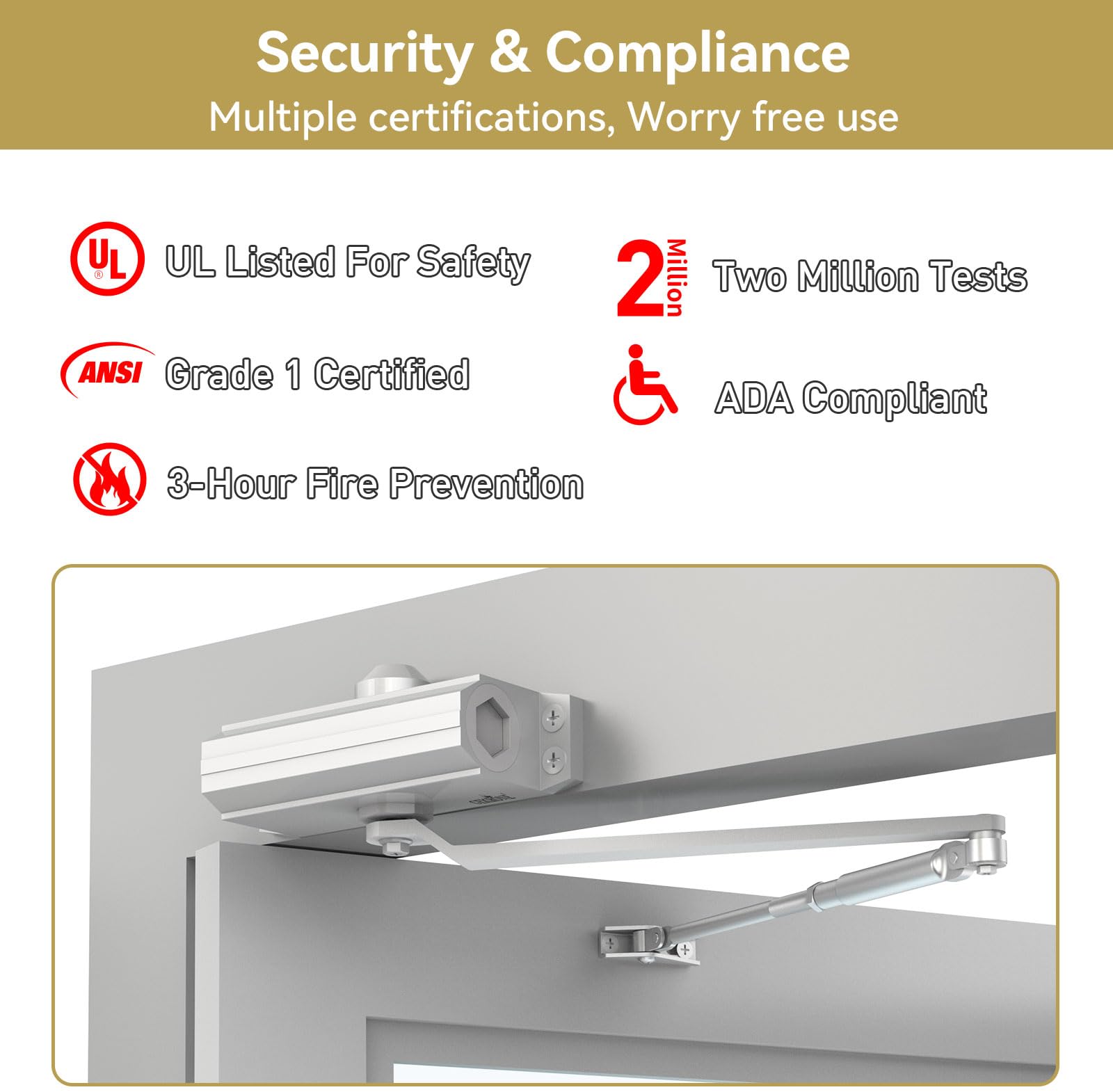 Automatic Door Closer Heavy Duty Fire Prevention Spring Hydraulic Aluminum Alloy Surface Mounted Residential Commercial Grade Door Closer Adjustable Speed Door Weights 55-99 Lbs Size1-Silver — Amazon image 7