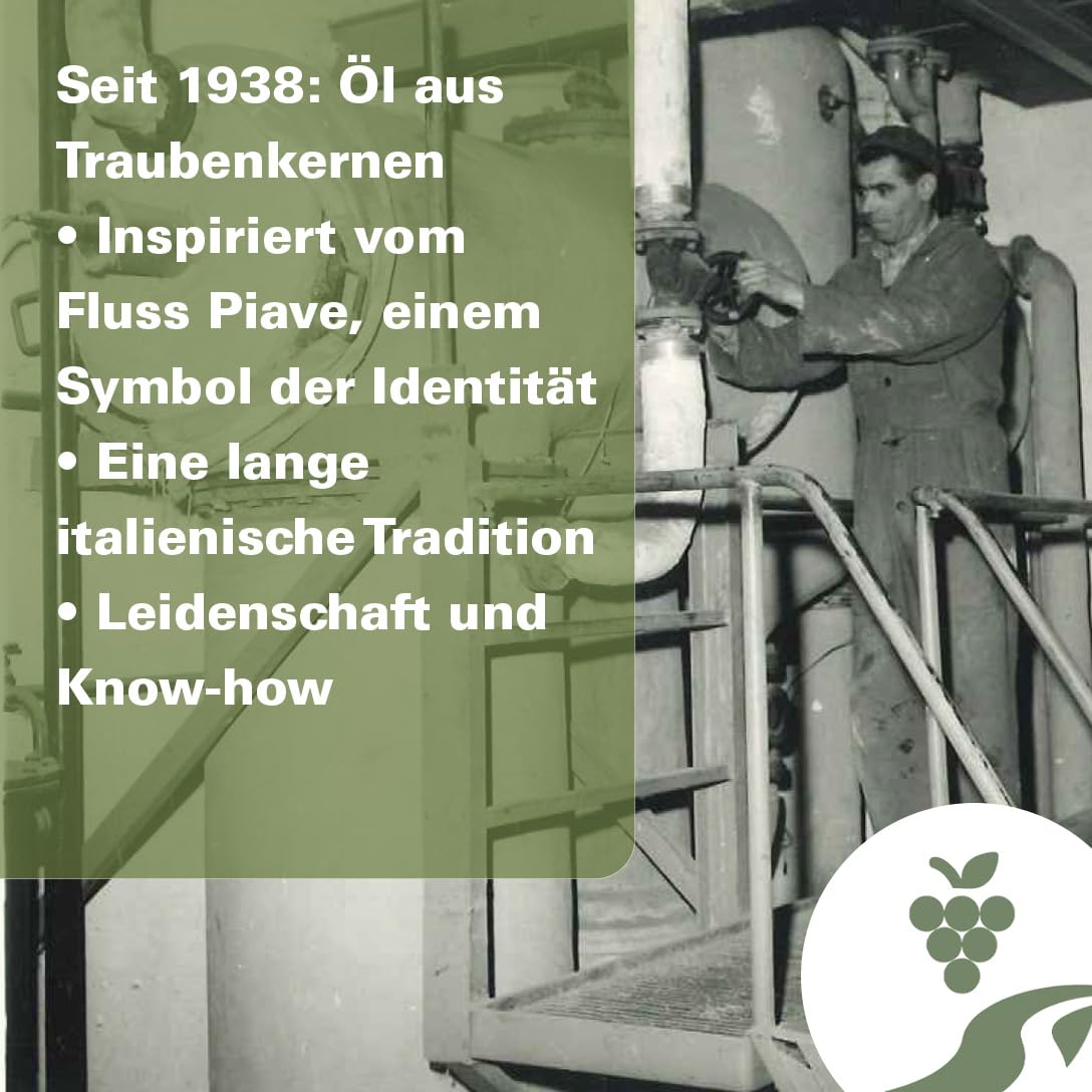 PIAVE 1938 – Traubenkernöl 25L – Kaltgepresstes Italienisches Traubenkernöl – Hoher Rauchpunkt 245°C – Reich an Omega-6 und Vitamin E – Pflanzliches Profiöl für Frittieren, Backen, Kochen