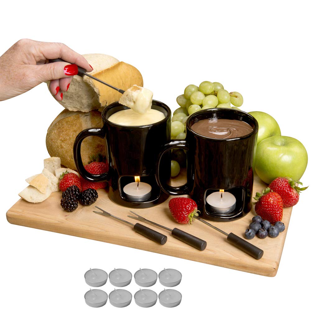 Evelots Fondue Mugs,2 Mugs,4 Forks & 8 Votive Candles-Minor Defects-Black