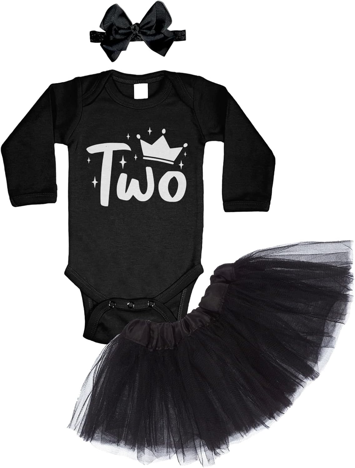 Tcombo Two with Crown - Royalty Birthday Baby Bodysuit + Tutu Skirt + Bow Headband Set