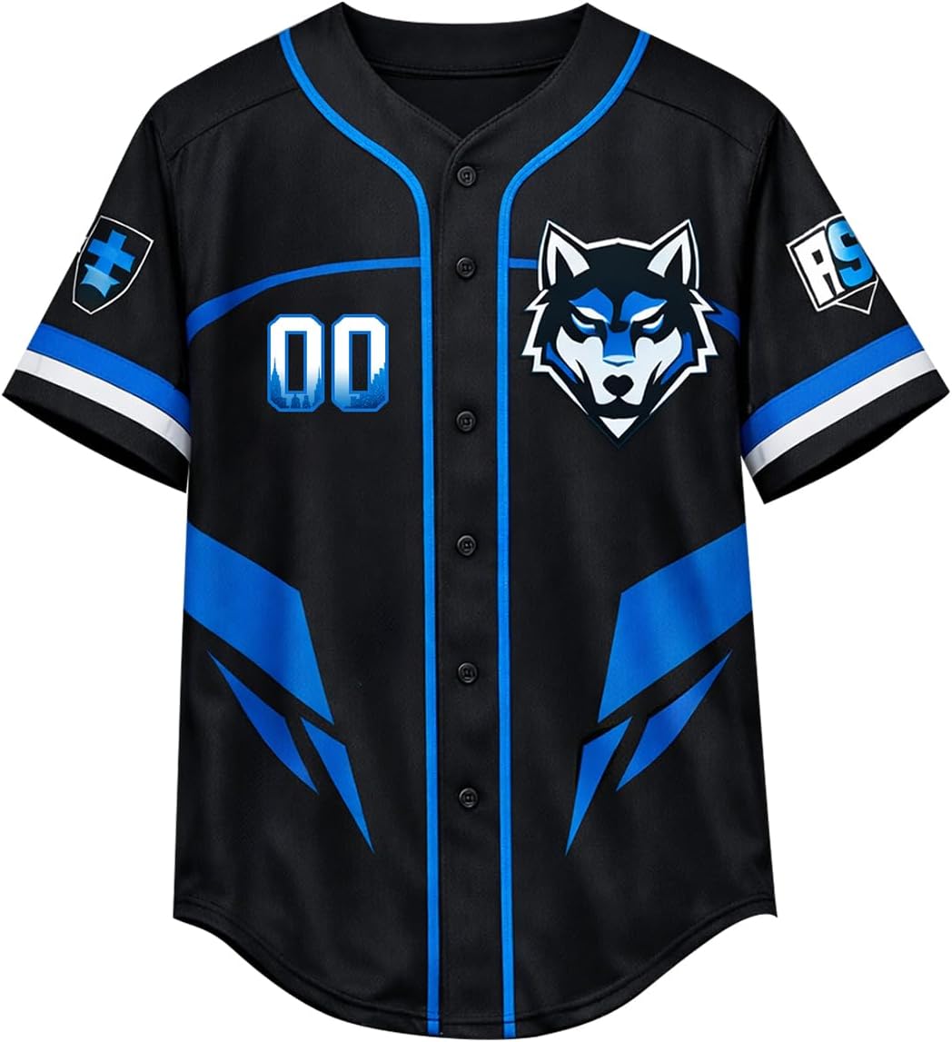 Custom Kids Baseball Jersey with Name & Number – Wolf Design Youth Button-Up Sports Shirt for Boys & Girls - Image 2