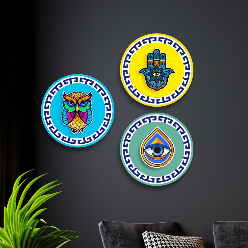 Nupur Studios “Protective Symbols Wall Art” (Set of 3)ready to hang wooden artwork for Home decor/Positive Vibes/ Evil Eye/Owl Evil/Hamsa Hand/Handmade/Wall Art/Offices/Diwali Decoration/Good Luck Charm