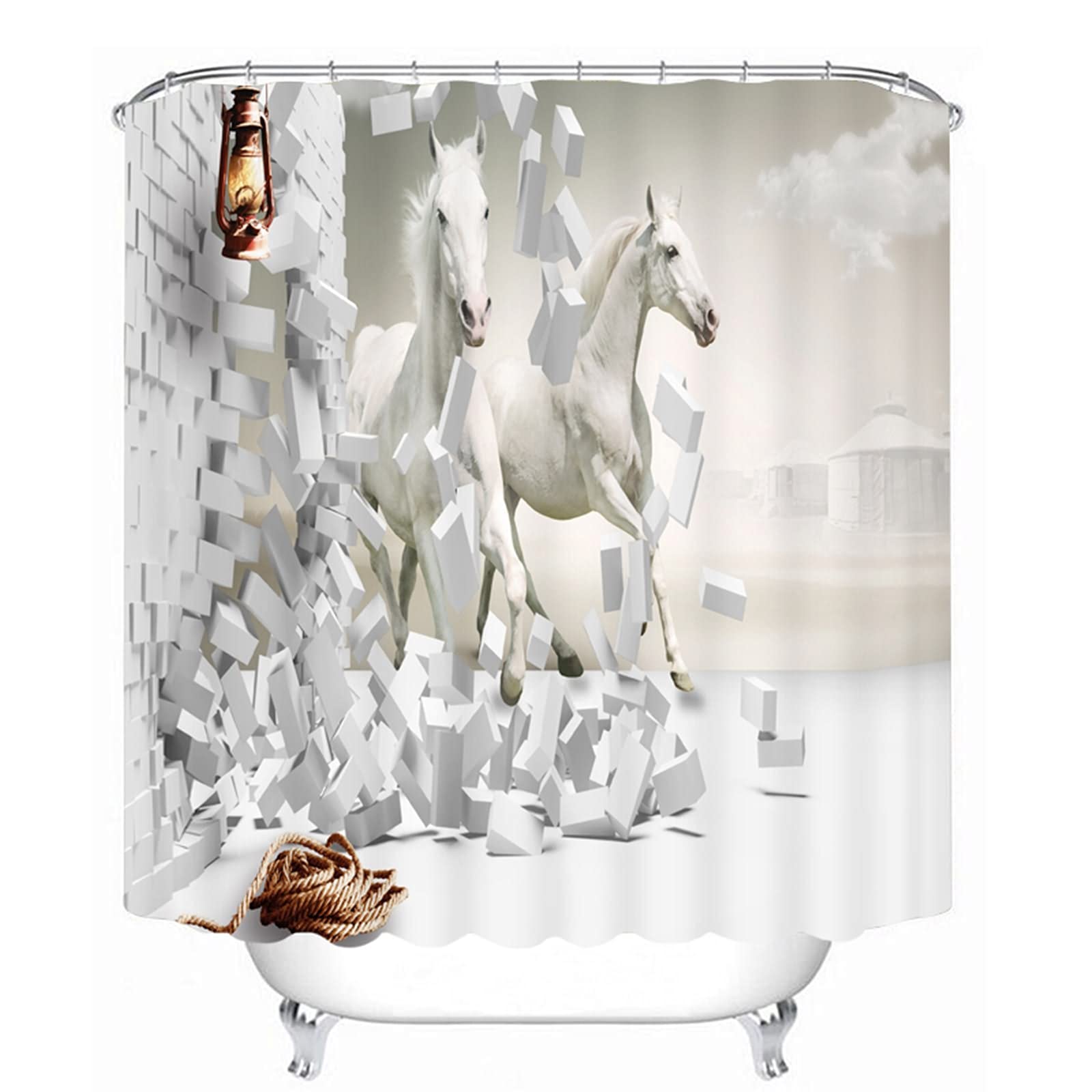 Rideau de douche chevaux 3D KnSam 180x180 cm effet mur fissuré blanc et gris