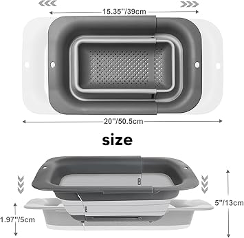 Kitchen Sink Fruit Strainer Basket Extendable Colander Adjustable Sink Drain Basket Foldable Washing Basket with Handles for Fruits Vegetables Pasta Washing Draining Storage (Greyy)