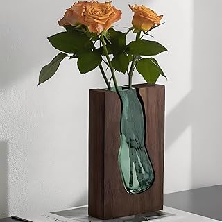 Blumenvase modern Glasvase Handgefertigte Vase Glas rechteckig Schmale Vasen mit Holzsockel für Home Office Dekor, Geschenk für Hochzeit Einweihungsparty feiern Höhe 24 cm