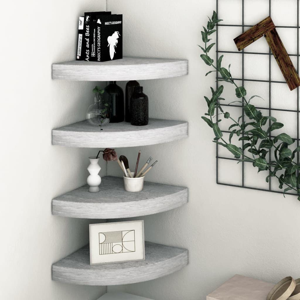 Mensole Angolari da Parete 4 Pezzi Grigio Cemento 35x35x3,8 cm in MDF e Metallo per Libri Decorazioni Casa Soggiorno Bagno
