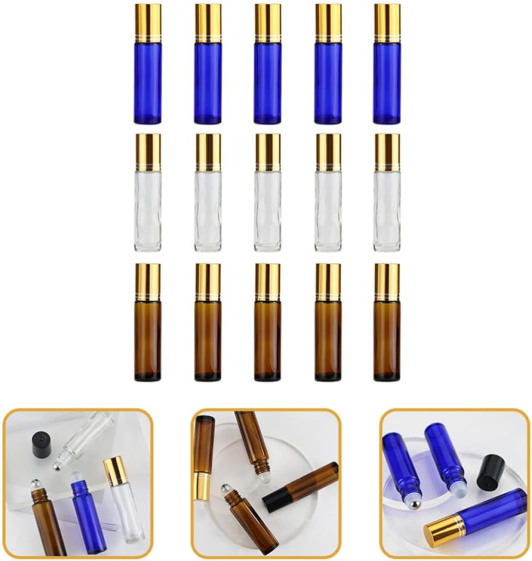 SECFOU 15pcs Glass Roller Bottles for Essential Oils with Roller Balls and Aluminum Caps Travel Perfume Oil for Aromatherapy Eye Cream and Body Care