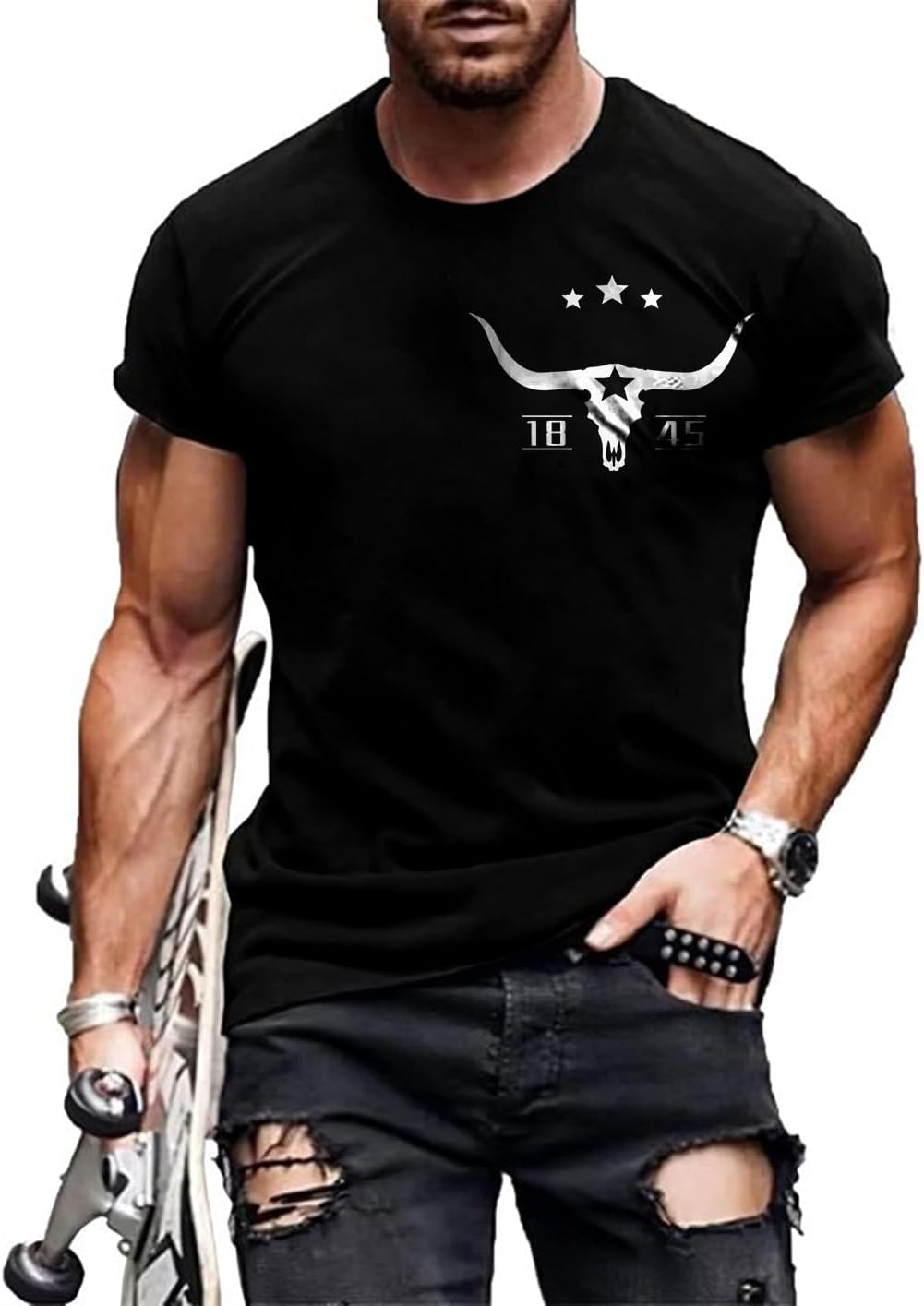 LOAIHA Cowboy Shirts for Men Cow Skull Graphic T Shirts Short Sleeve Western T Shirts Crew Neck Shirts Vintage Tee Shirts