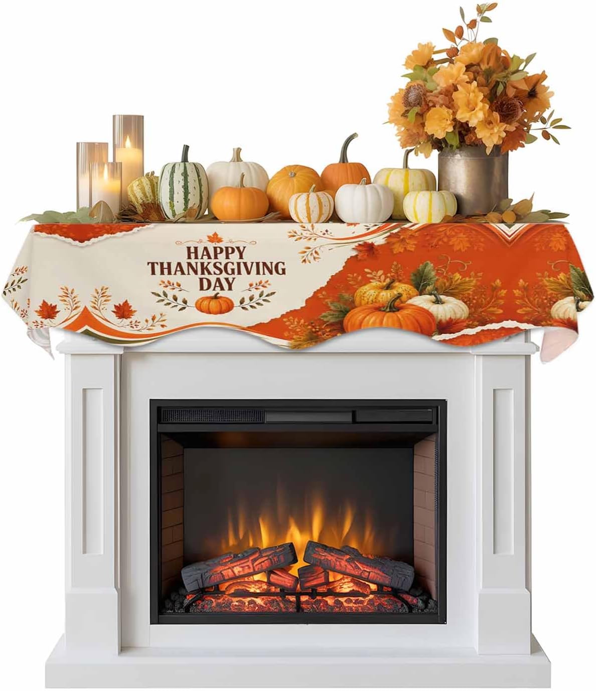 Burnt Orange Fall Fireplace Mantel Scarf, Thanksgiving Pumpkins Mantel Decorations for Fireplace, Autumn Botanical Farmhouse Mantel Scarf Covers Party Supplies for Living Room, 90x17 Inch