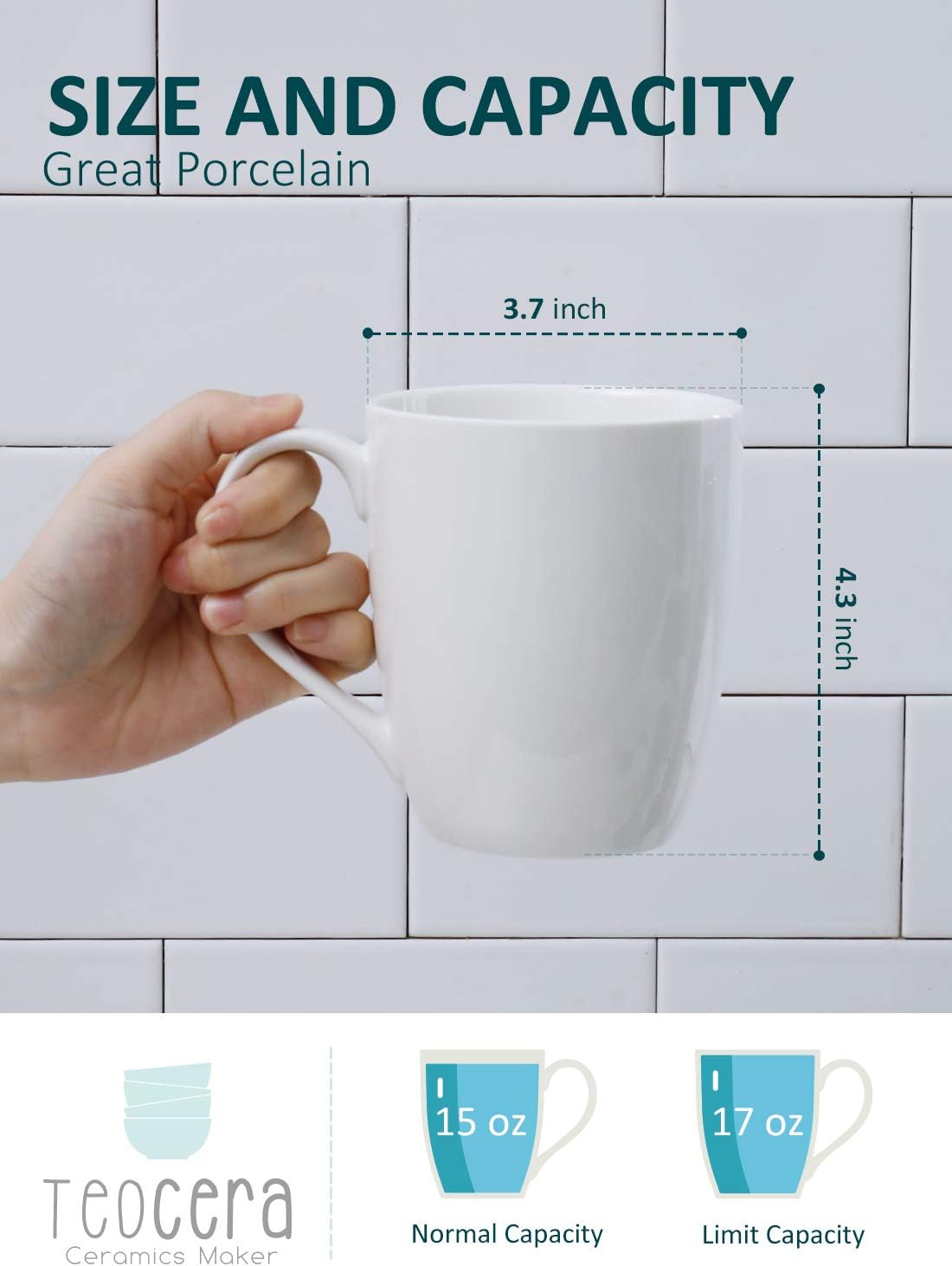 Buу 2 gеt 3 Teocera Porcelain Coffee Mugs, Coffee Mug Set - 16 Ounce for Coffee, Tea, Cocoa - Large Handle, Set of 6, White