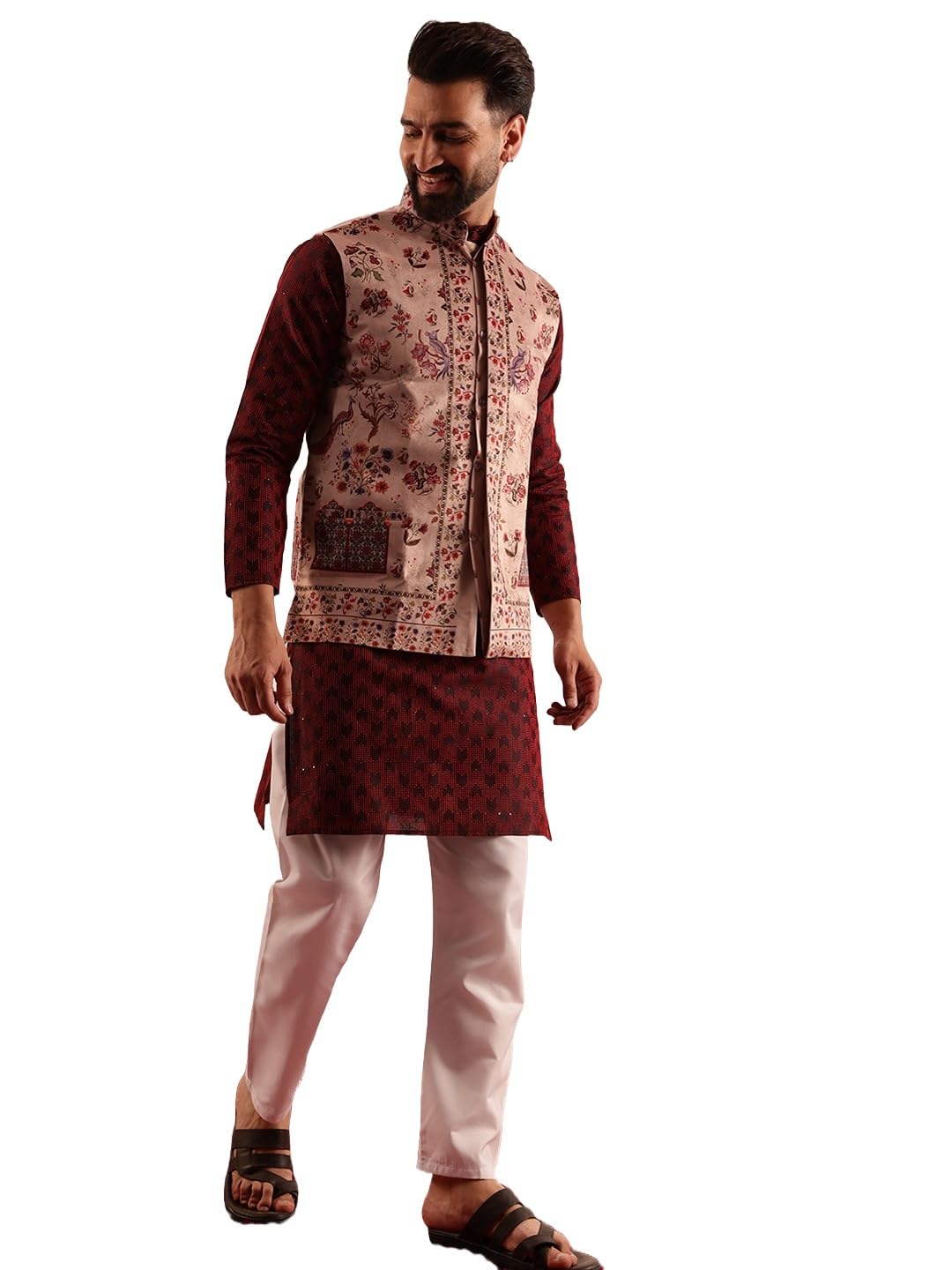 Men's Jacquard Silk Red Kurta & White Pyjama With Velvet Paisley Nehru Jacket