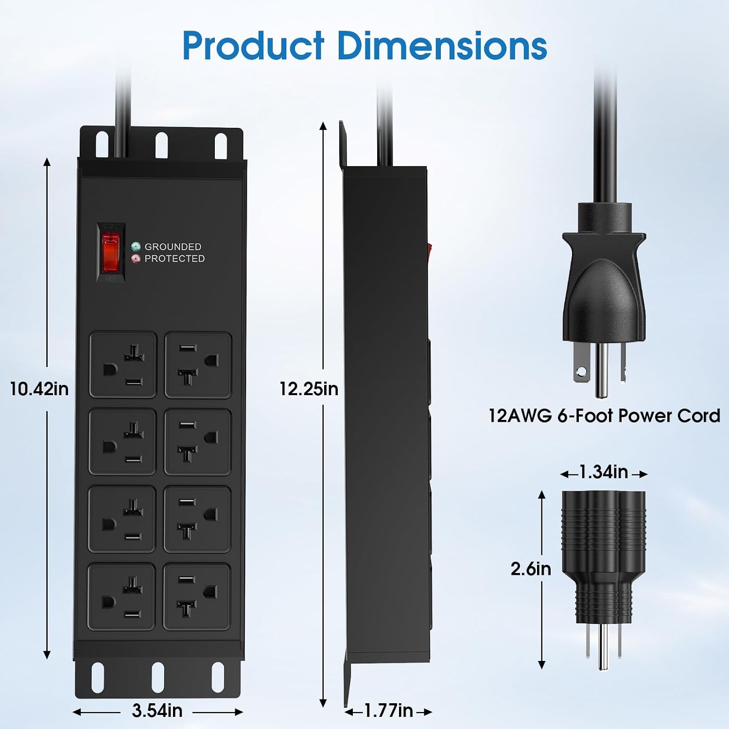 Heavy Duty Power Strip Surge Protector 2500J, 20A 8 T-Slot Outlets 2500W Extension Cord 6FT 12AWG with 15 Amp Adapter, Metal Industrial Power Strip for Workshop, Garage & Kitchen Appliances (Black)