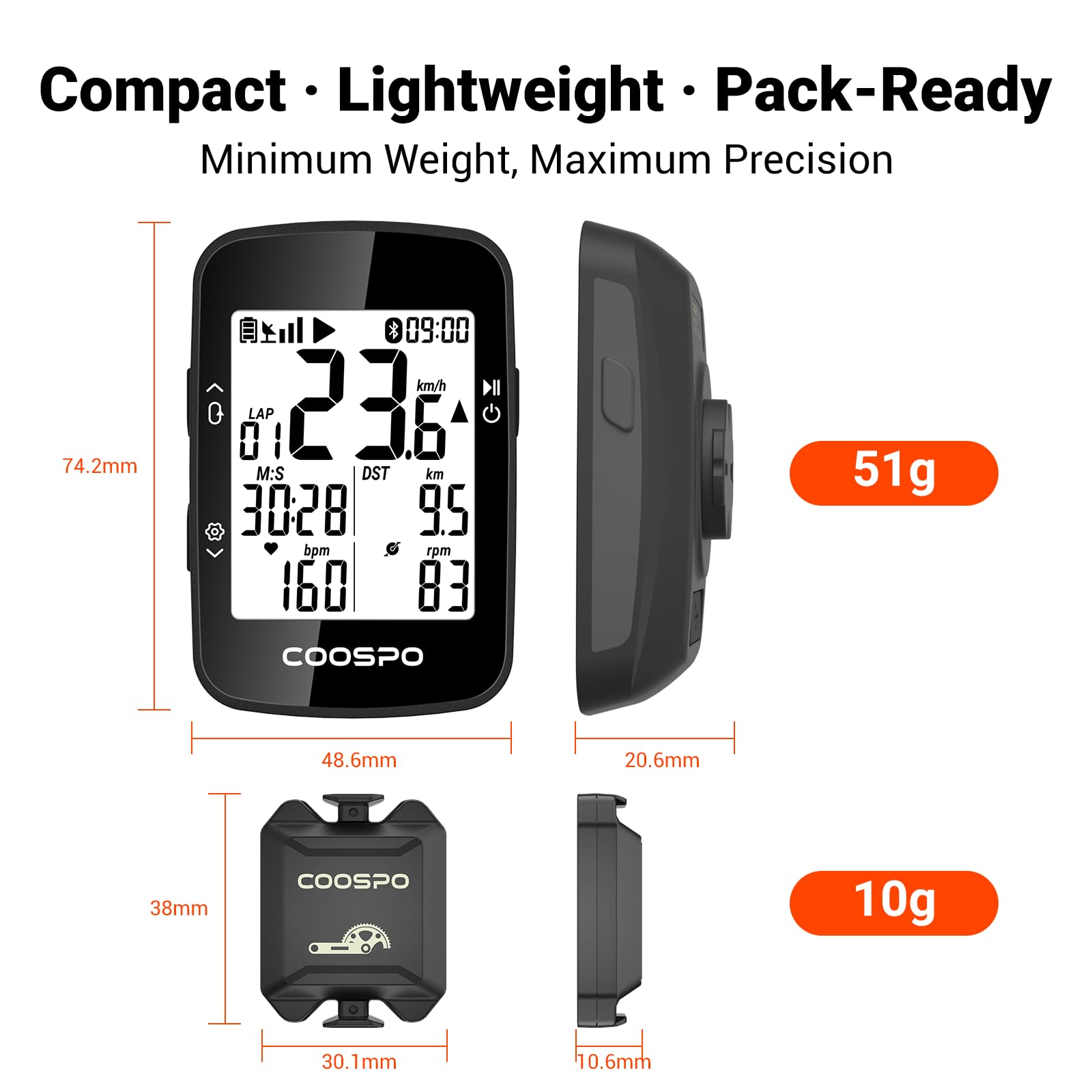 COOSPO BC26 Compteur Velo GPS, Bluetooth 5.0 Ordinateur Vélo Kilométrique Odomètre, Écran LCD rétroéclairé de 2.3 Pouces Compatible avec Strava, Route et VTT