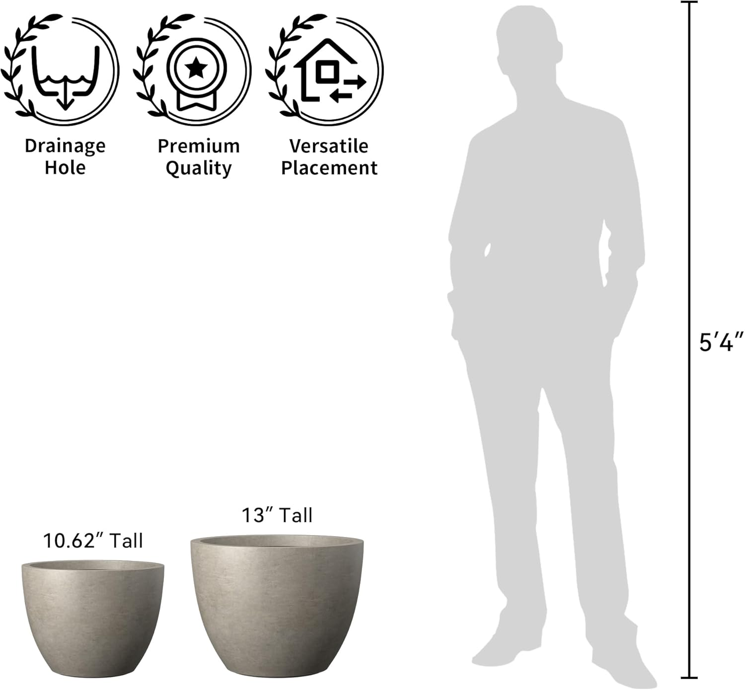 Kante 14.2 Inch Round Concrete Planter - Classic Large Plant Pot with Drainage Hole and Rubber Plug, Suitable for Gardens and Patios, Weathered Concrete Finish with Painted