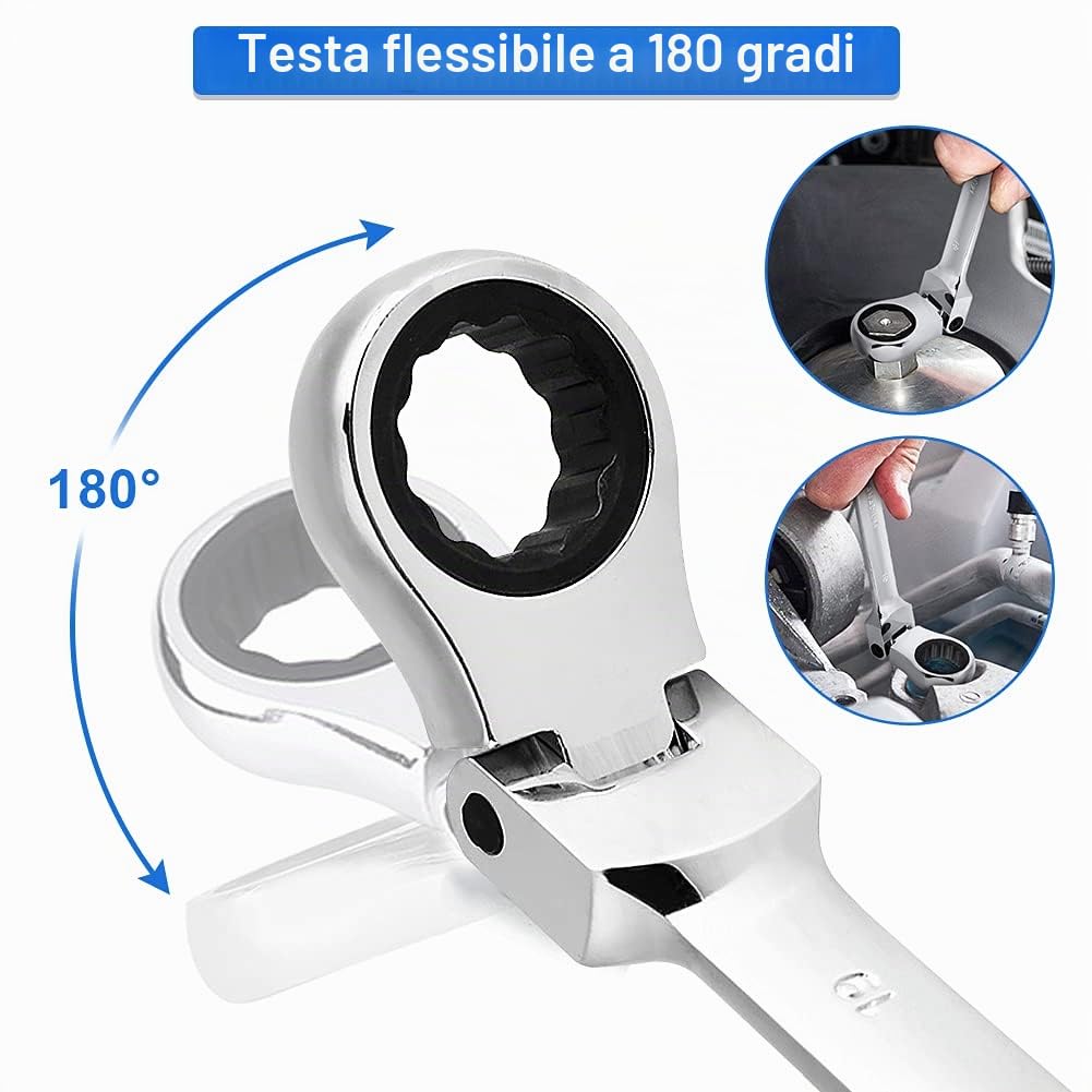 Wakects Set Chiavi Cricchetto Combinate, Set di chiavi inglesi a cricchetto 8-19 mm, 12 Pezzi Chiave a cricchetto con cassetta