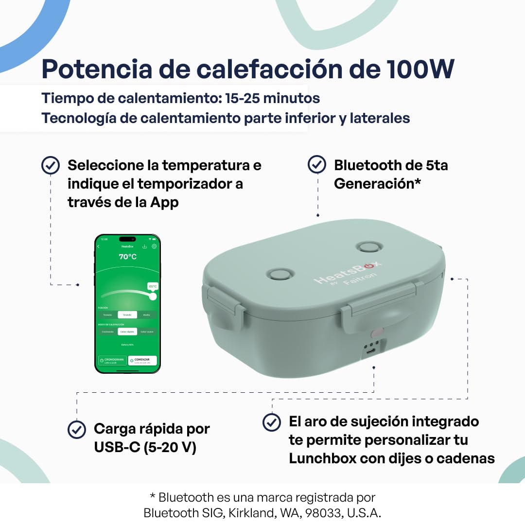 Faitron HeatsBox GO Kids: fiambrera autocalentable para niños, recipiente de acero inoxidable de 540 ml, batería integrada de 100 W y control mediante aplicación, calentador de alimentos portátil