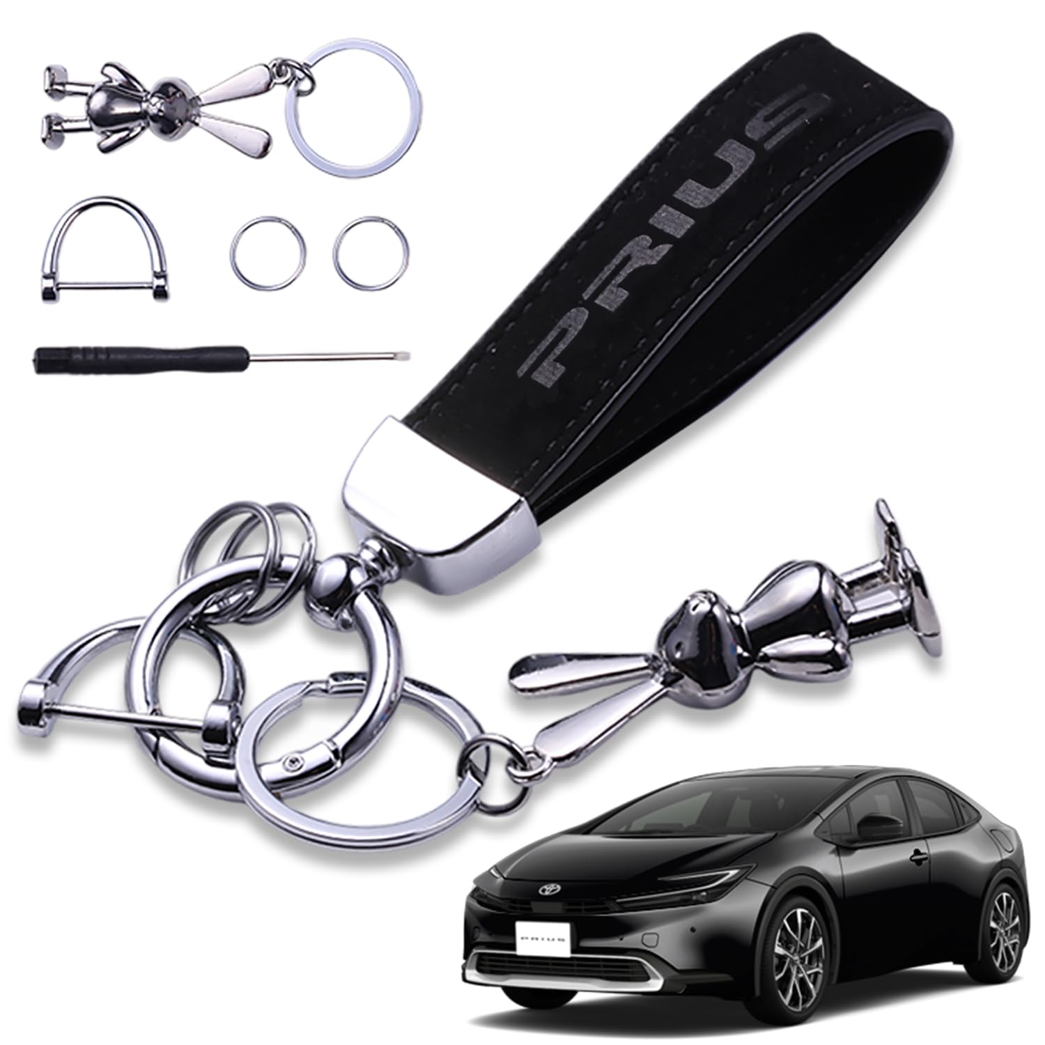 Car Key Holder, Key Ring, Genuine Leather, Suede, Car, Exclusive Logo, Car Key, Metal Marshmallow Rabbit Charm, Feels Good, Anti-Lost, Rust, Simple, Stylish, Leather, Black Suitable for Prius