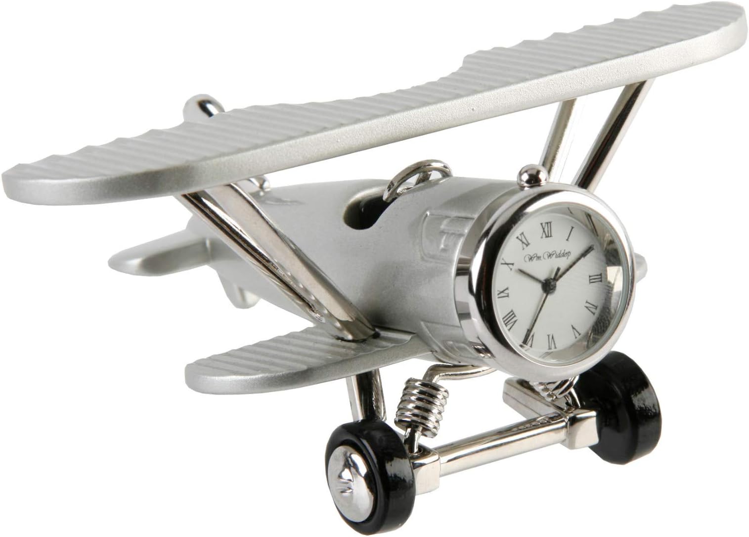 Novelty Silver Colour Metal Bi Plane Aeroplane Miniature Desk Clock