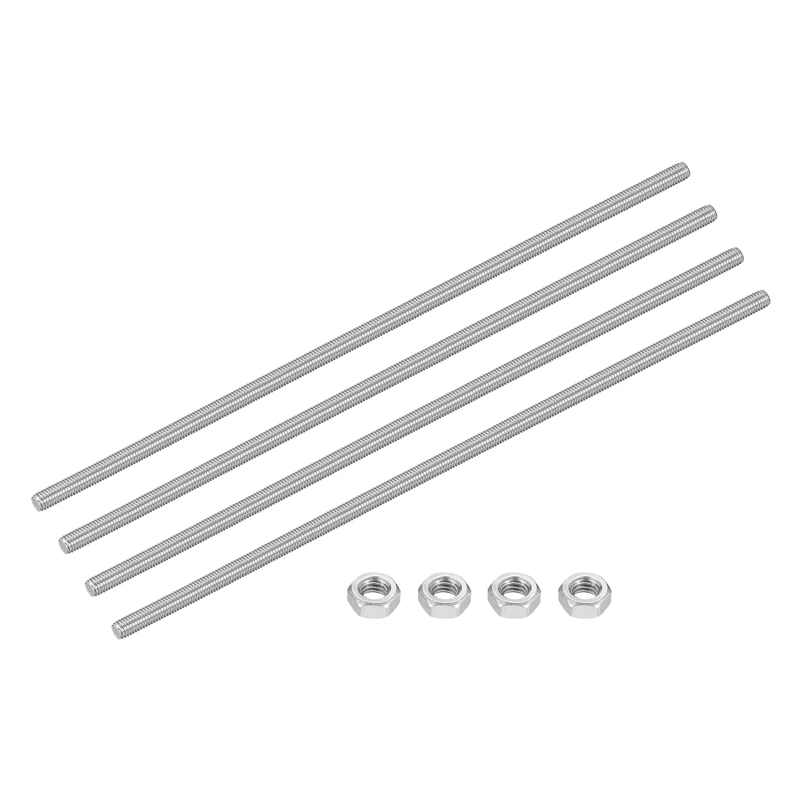 sourcing map 4Set M6-1.0x200mm Fully Threaded Rods, Threaded Rods Bar Studs with Nuts, 304 Stainless Steel Long Thread Screws Hardware for U-Bolts, Anchors, Clamps, Hangers, Silver