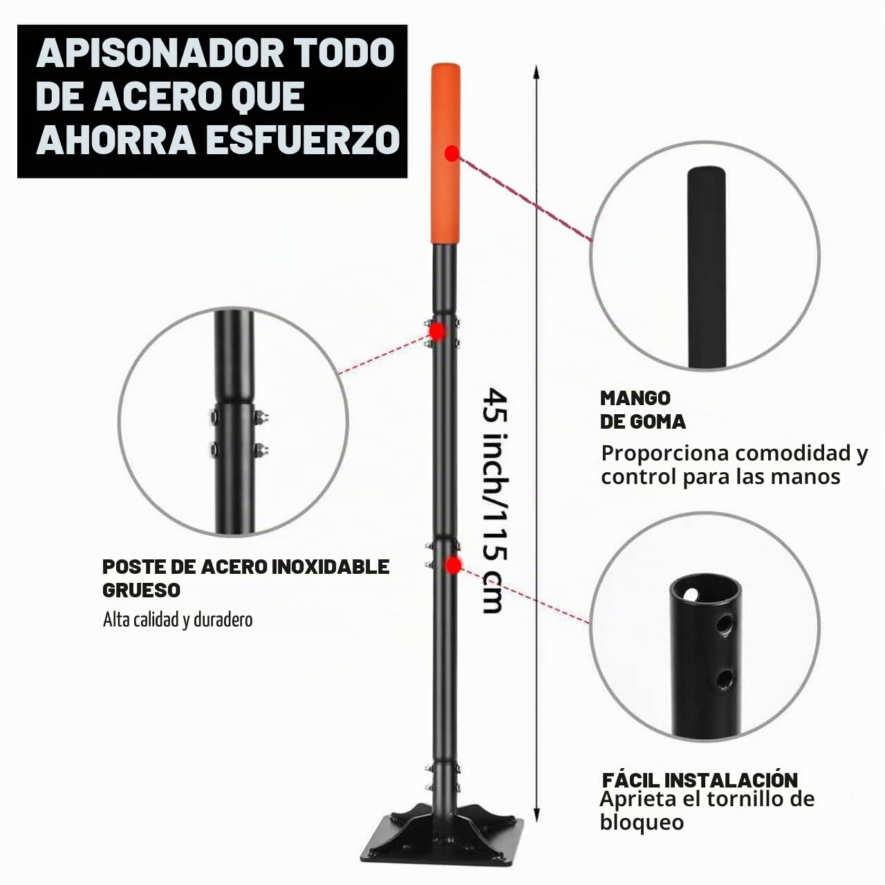 BARAYSTUS Herramienta de Jardinería, Compactador de 112 cm de Acero al Carbono de Alta Resistencia, Compactador Ajustable para Nivelar para Instalar Pavimentos y Reparar Asfalto, 4,5 kg