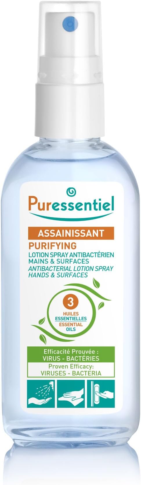 Puressentiel Purifying Antibacterial Lotion Spray Hands & Surfaces 80 ml with 3 essential oils – Eliminates 99.9% of bacteria and viruses – Cleanses without water, soap or rinsing