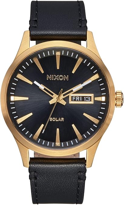 NIXON Sentry Solar A1347-100m Water Resistant Stainless Steel Solar Powered Analog Watch (40 mm Watch Face, 20-18 mm Custom Tapered Genuine Leather Band)