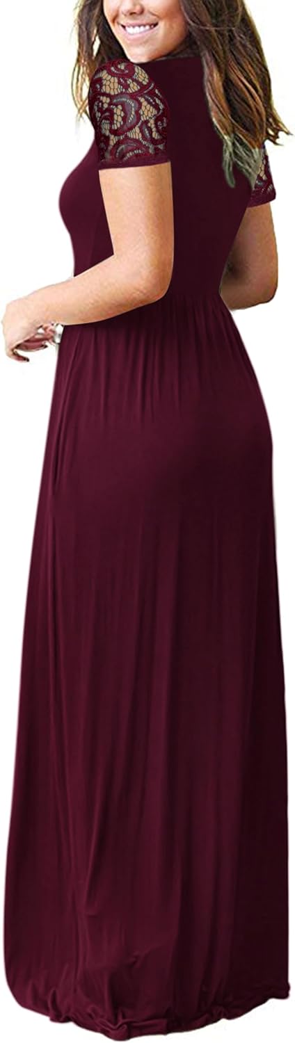 AUSELILY Maxi Dresses for Women 2026 Lace Short Sleeve V Neck Wrap Long Dress with Pockets - Image 3