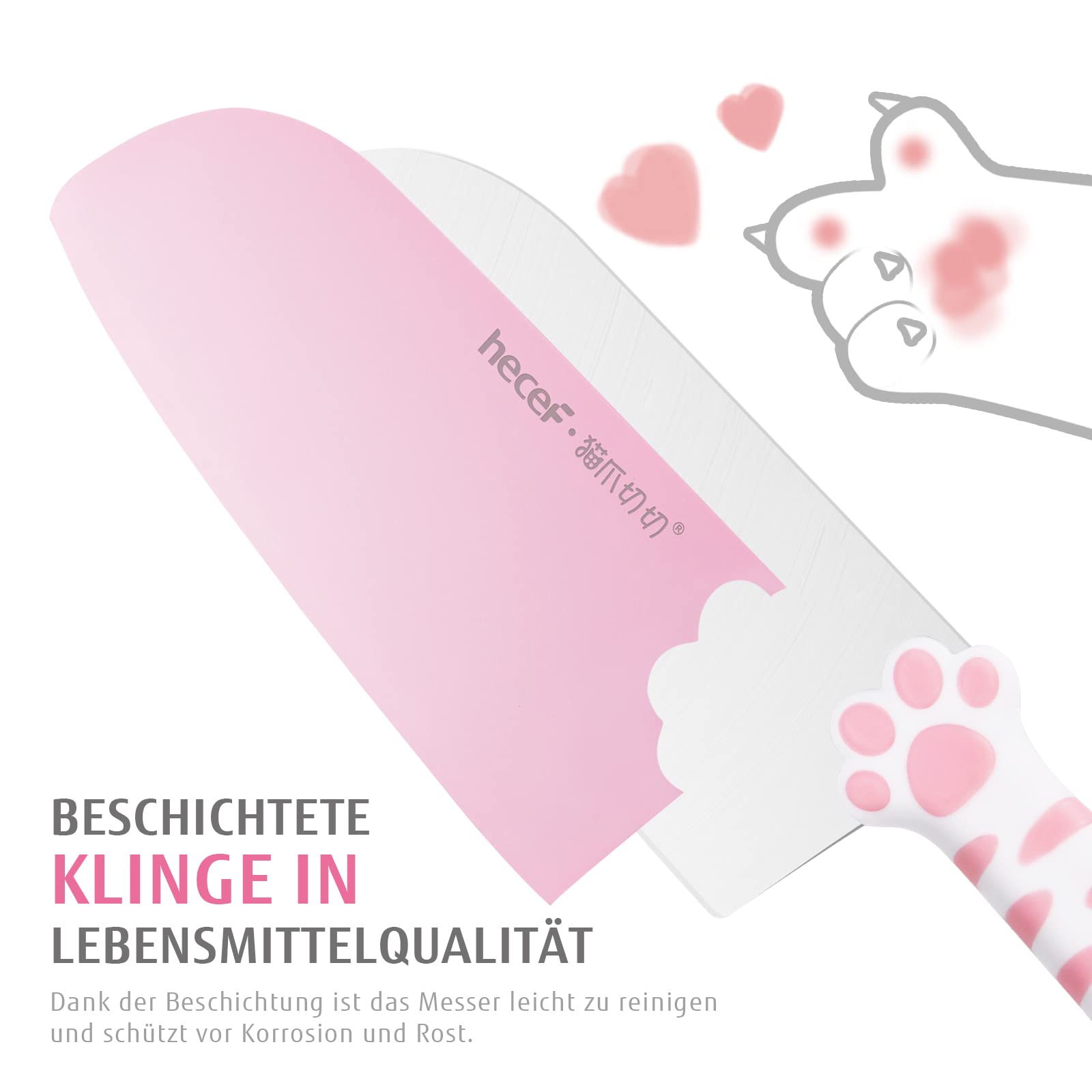 hecef Cute Küchenmesser Set, 5-tlg Messerblock mit Messer, Katzenförmiger Patentierter Griff, Scharfe Messer Set - Kochmesser, Universalmesser, Gemüsemesser, Küchenschere und Abnehmbarer Block, Rosa