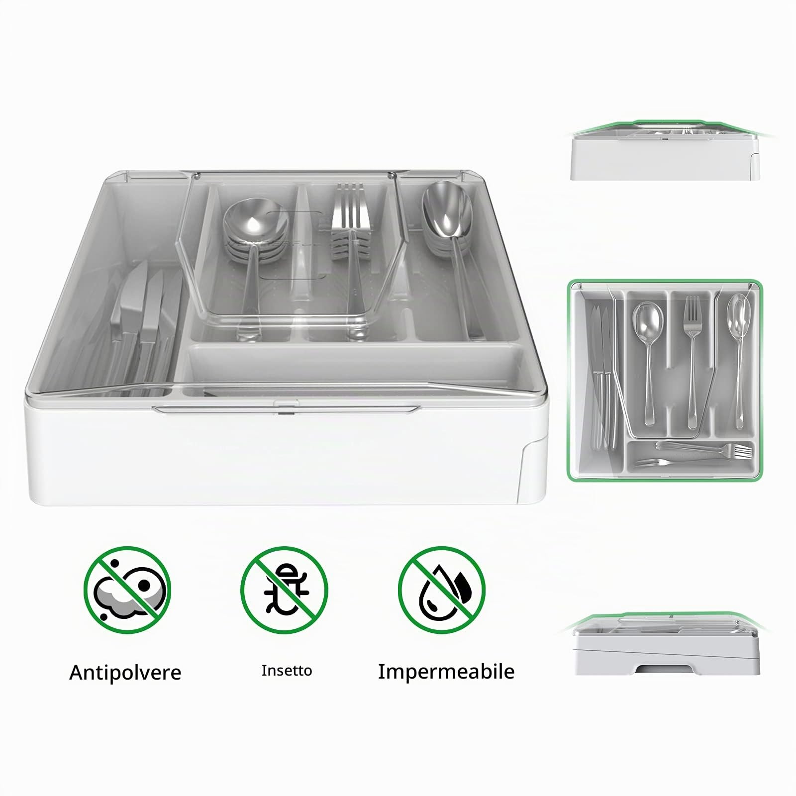 Organizer per posate a doppio strato con coperchio, vassoio per posate, vassoio per posate, vassoio per cassetti da cucina, con porta utensili a 2 livelli e 9 scomparti, contenitore per posate (bianco