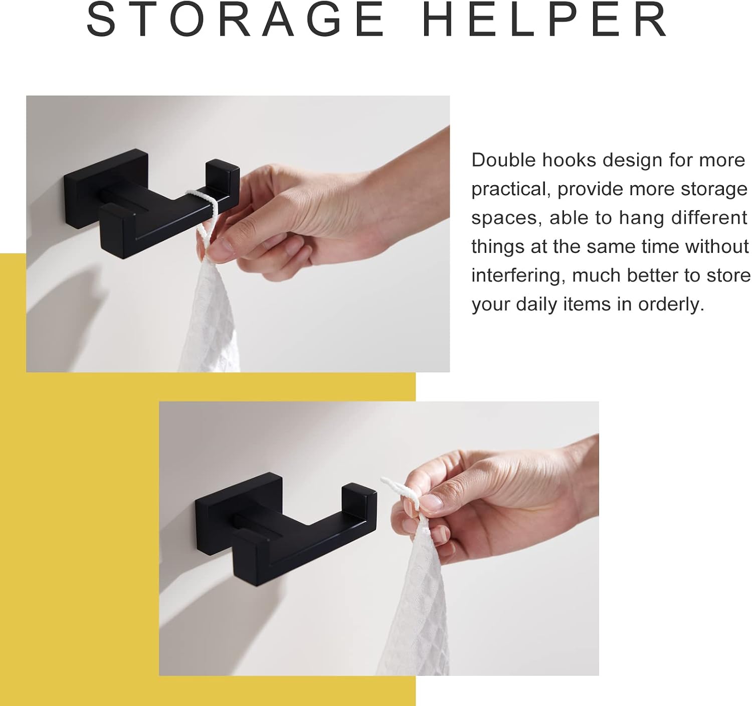 APLusee Double Robe Towel Hook, Stainless Steel Square Dual Coat Hook, Utility Bath Kitchen Storage Hanger Holder, Matte Black…
