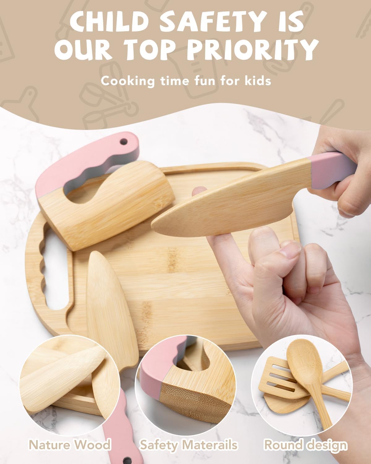 Wooden Kids Cooking Set Montessori Kit - Real Toddler Kitchen Tools & Baking Utensils - 30PCS Cooking Kit for Kids with Storage Bag, Great Gift for Pretend Play & Montessori Learning (Pink)