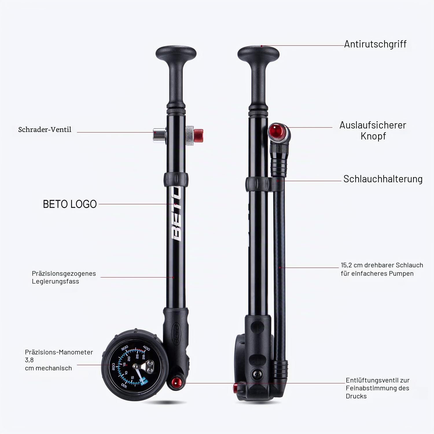 Beto Hochdruck-Stoßpumpe – (400 PSI max) MTB Bike Shock Pump für Gabel & Hinterradaufhängung mit No-Loss Schrader Ventil