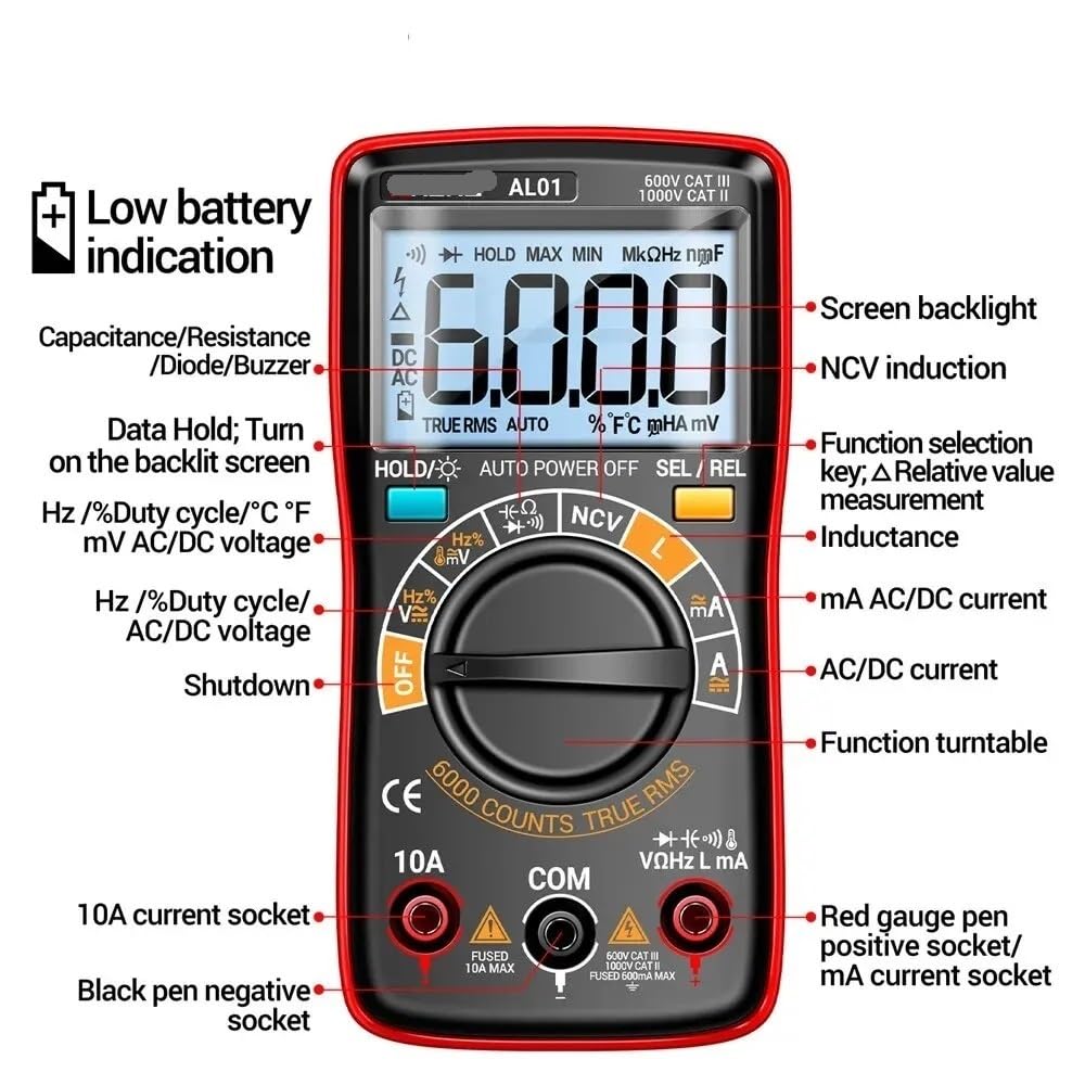 AL01 indukcyjności multimetr cyfrowy 6000 Count True-RMS AC/miernik napięcia DC tester prądu profesjonalne narzędzia dla elektryków(AL01 black)