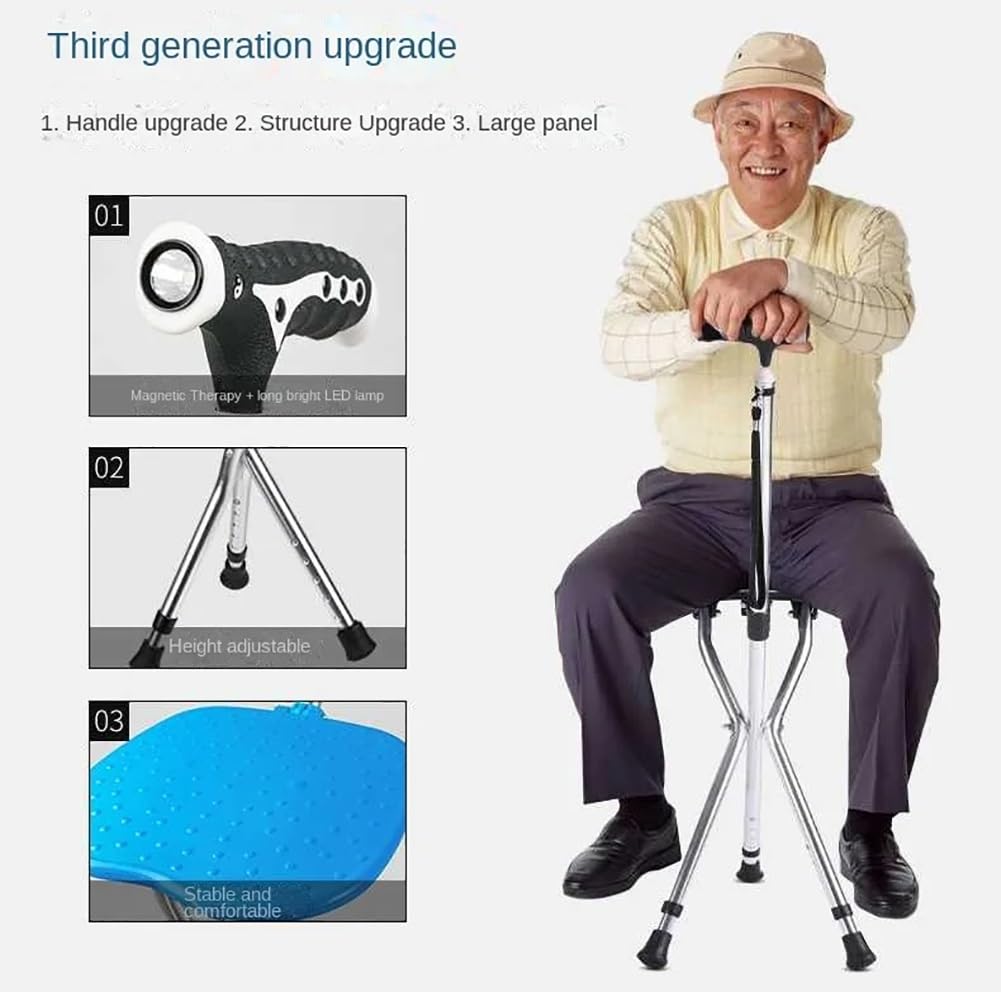 Bastone da passeggio pieghevole con sedile, sedia portatile con bastone da passeggio in lega di alluminio, sgabello treppiede leggero con funzione di sblocco automatico, sedia pieghevole antiscivolo (
