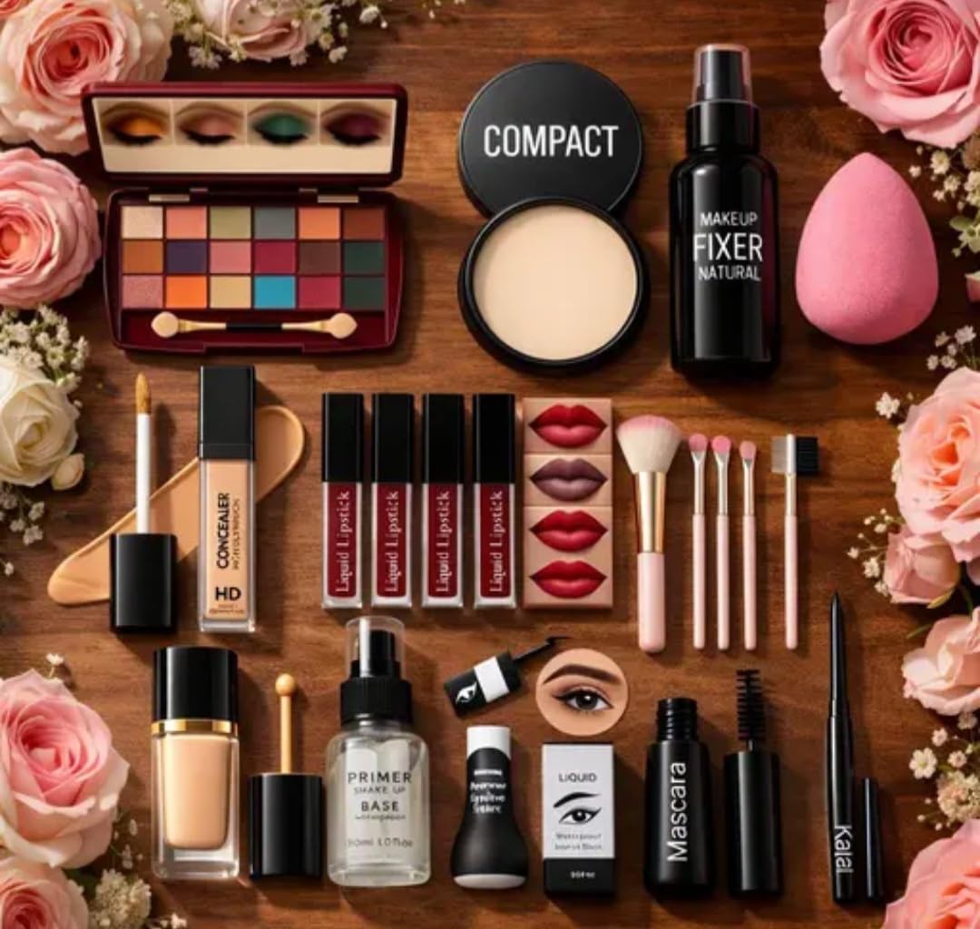 Complete Makeup Kit with Eyeshadow Palette, HD Concealer, Liquid Lipstick, Compact Powder, Primer, Mascara, Kajal, Makeup Fixer, Beauty Blender, and Brushes-image-21