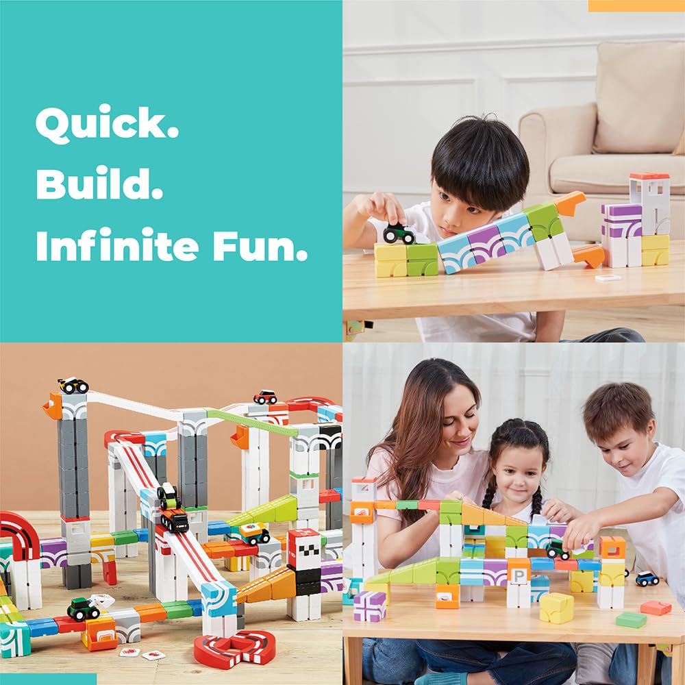 QBI Magnetic Building Blocks Car Track Set, 46PCS STEM Learning Toys for Kids Ages 4-8, Sensory Magnetic Blocks with 2 Push-and-go Cars | Educational Montessori Magnet Cubes for Boys & Girls