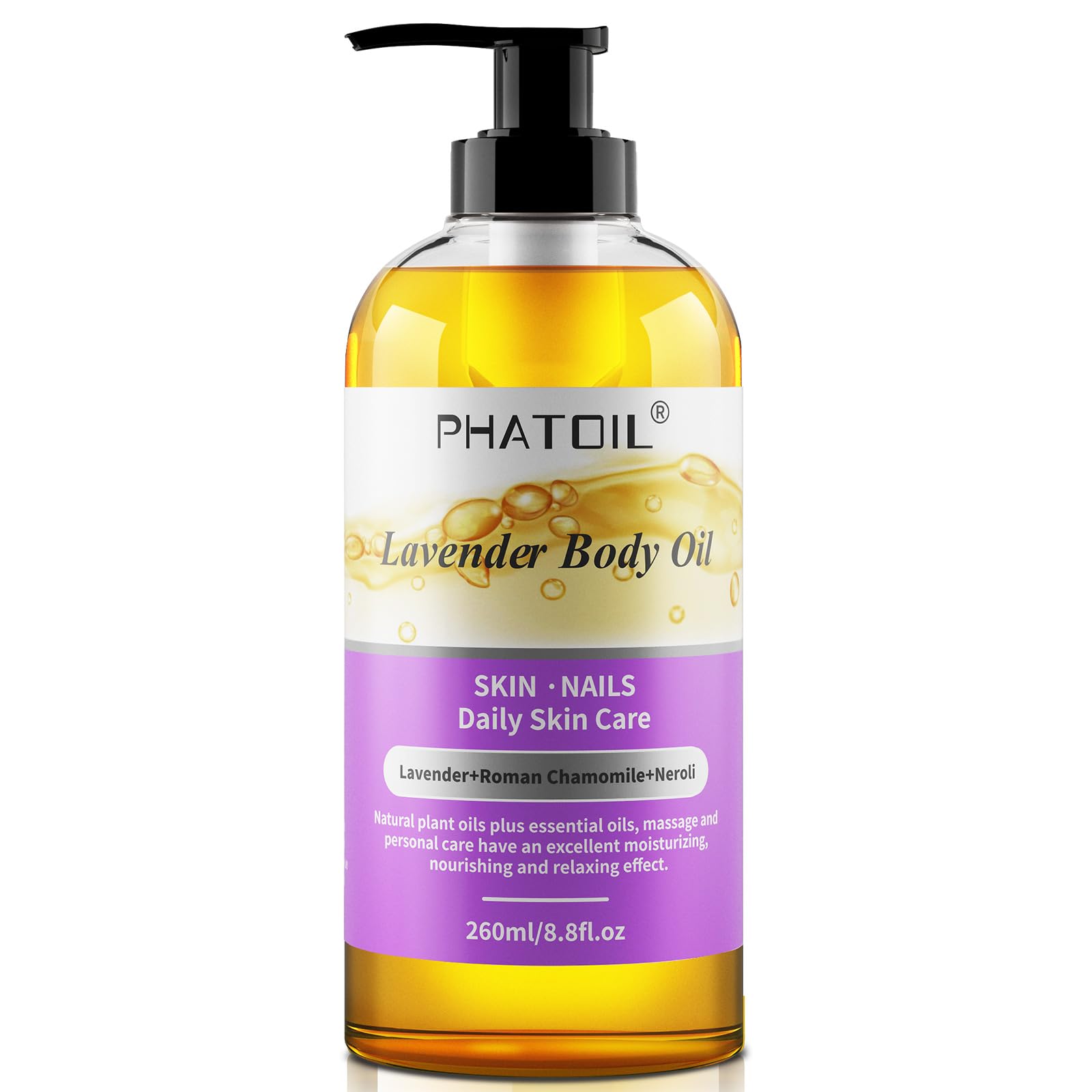PHATOIL Lavender Body Oil with Pump, 260 ml (8.8 fl.oz) Premium Quality Massage Oil, Versatile Skin Care Hair Care, Blends of Natural Plant Oils and