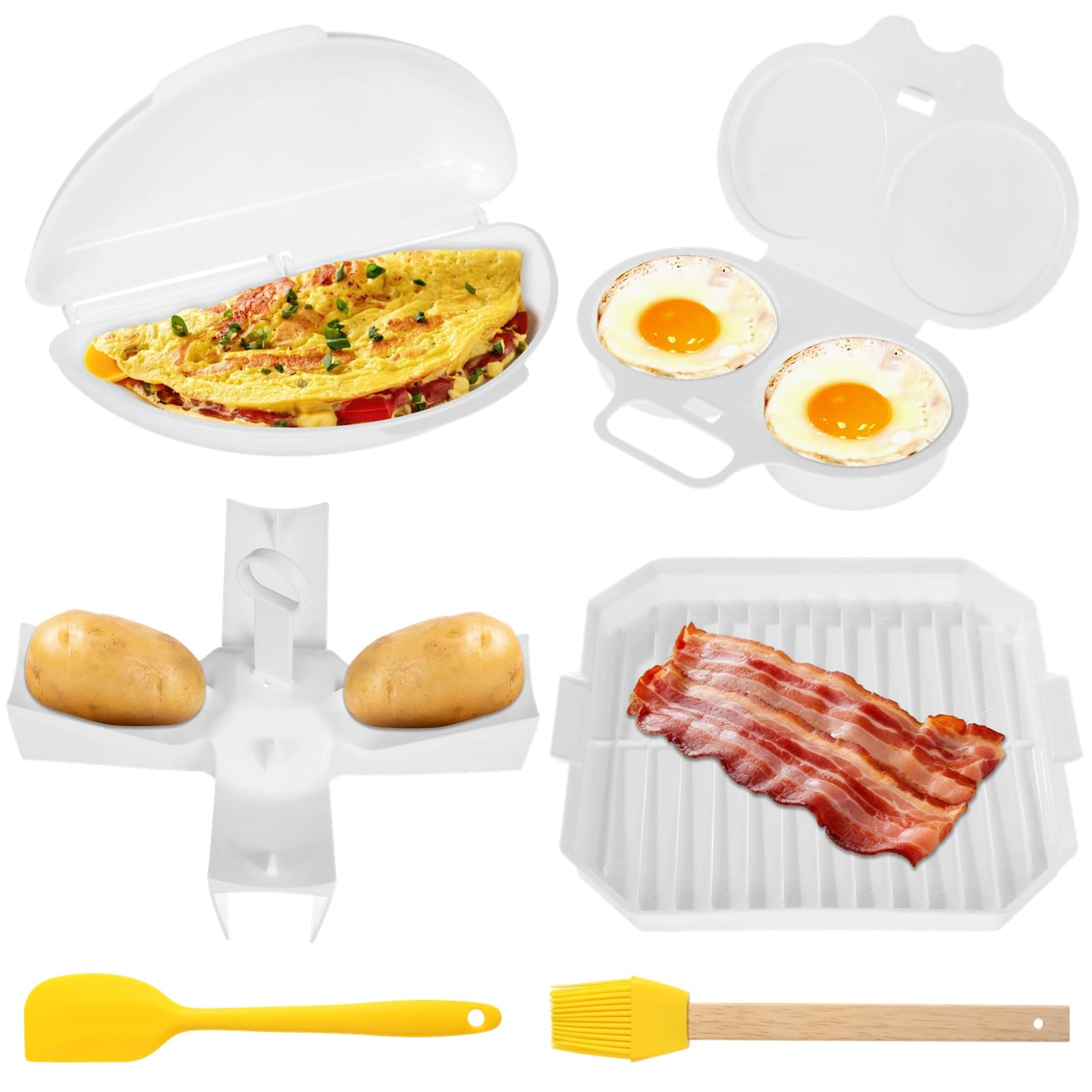 6er-Set Mikrowellen-Frühstücks-Kochset, Doppel-Eierpochierer, Omelettformer, Bacon-Schale, Kartoffelrost, Silikonspatel und -pinsel, antihaftend, einfach zu verwenden, Eier-Bacon-Kochset
