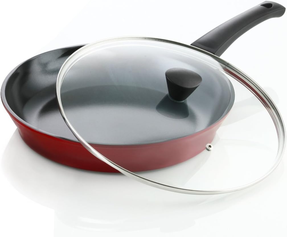 Flamekiss 12" Red Ceramic Coated Fry Pan by Amorè, Innovative & Elegant Design, Nano Ceramic Coating w/Silver Ion (100% PTFE & PFOA Free) w/Glass Lid