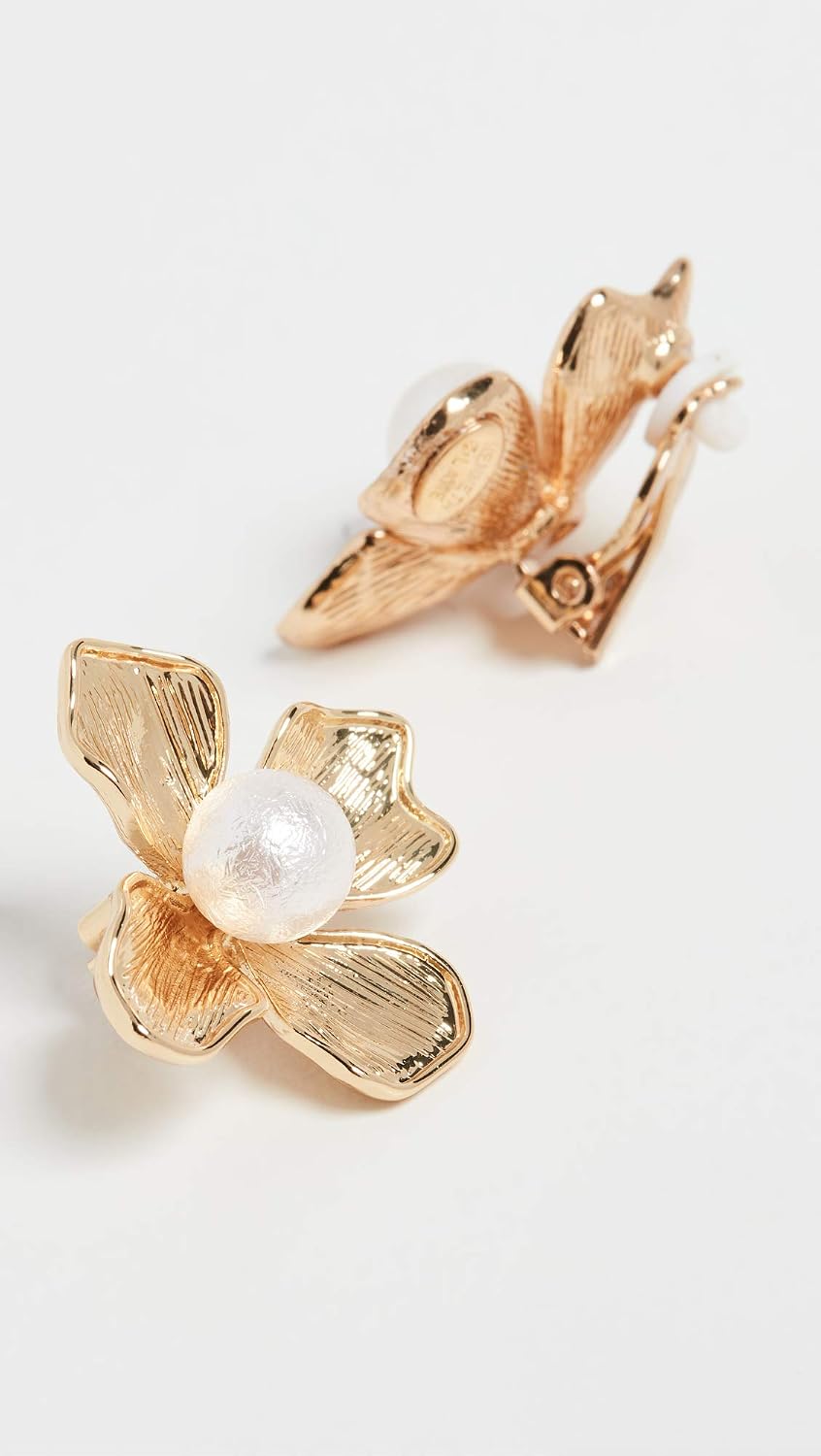 Kenneth Jay Lane Satin Gold Flower Clip-On Earrings (Pearl Center)