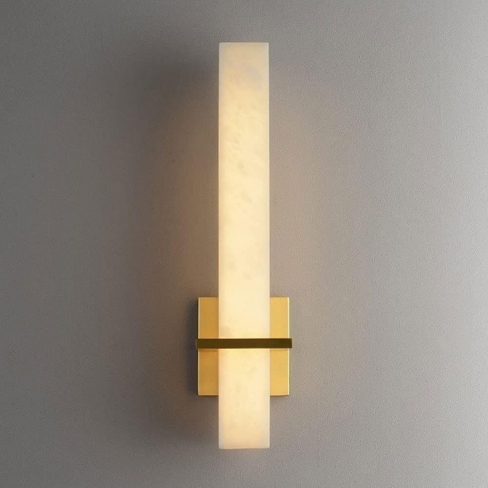 Brass Marble Wall Sconce Modern Gold Bathroom Vanity Wall Light Bar Hardwired Long Strip Linear Wall Lamp White Alabaster Glass Lighting Fixtures for Bedroom Bedside Living Room Foyer Entryway T-155