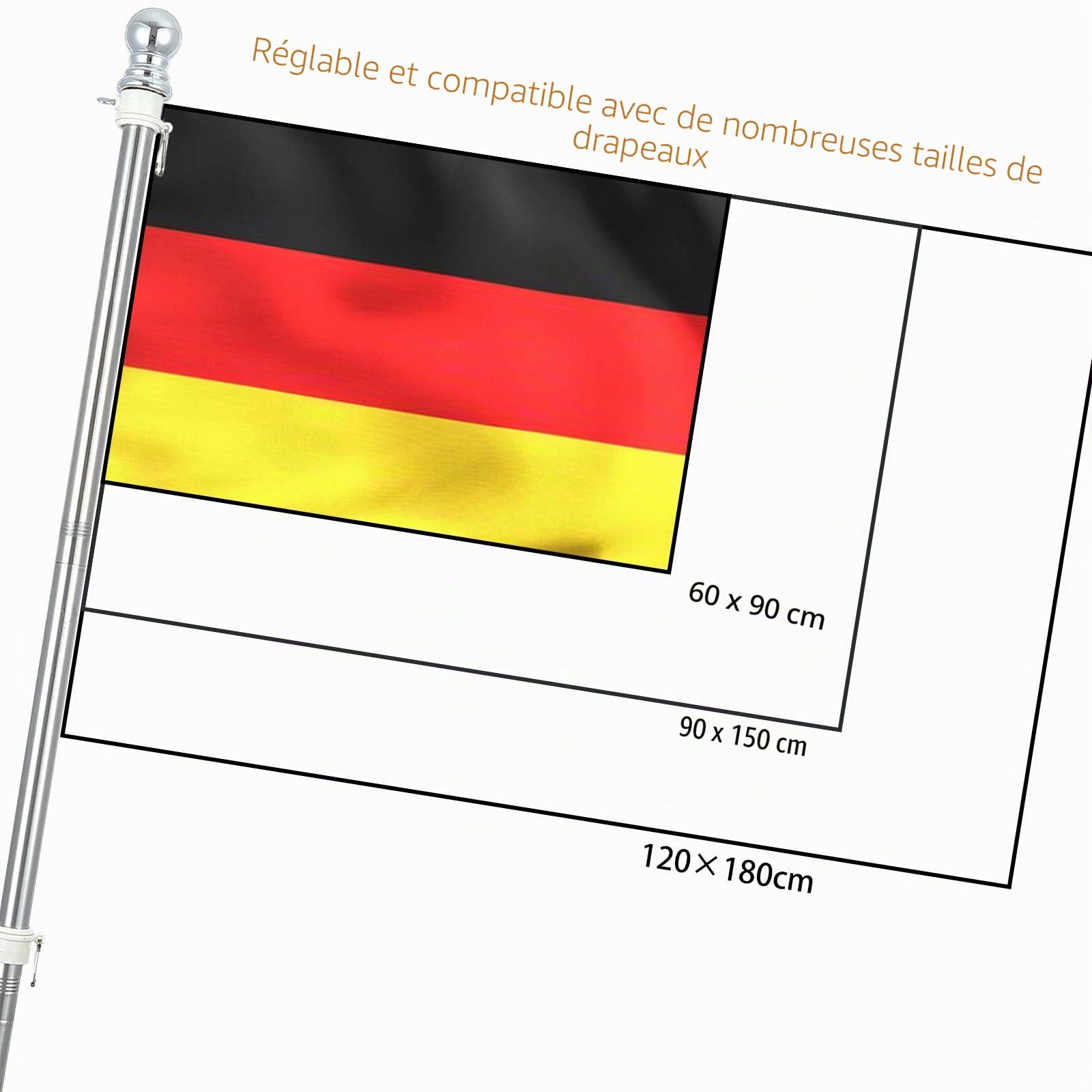 Kit de Mât de Drapeau en Aluminium 150cm, avec Support Mât de Drapeau en Acier Inoxydable à Fixe au Mur avec Anneaux Rotatifs