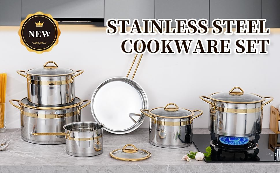 Miniatura 7 de Juego de ollas y sartenes de acero inoxidable de 11 piezas, utensilios de cocina de acero inoxidable de alta calidad, seguros para inducción,